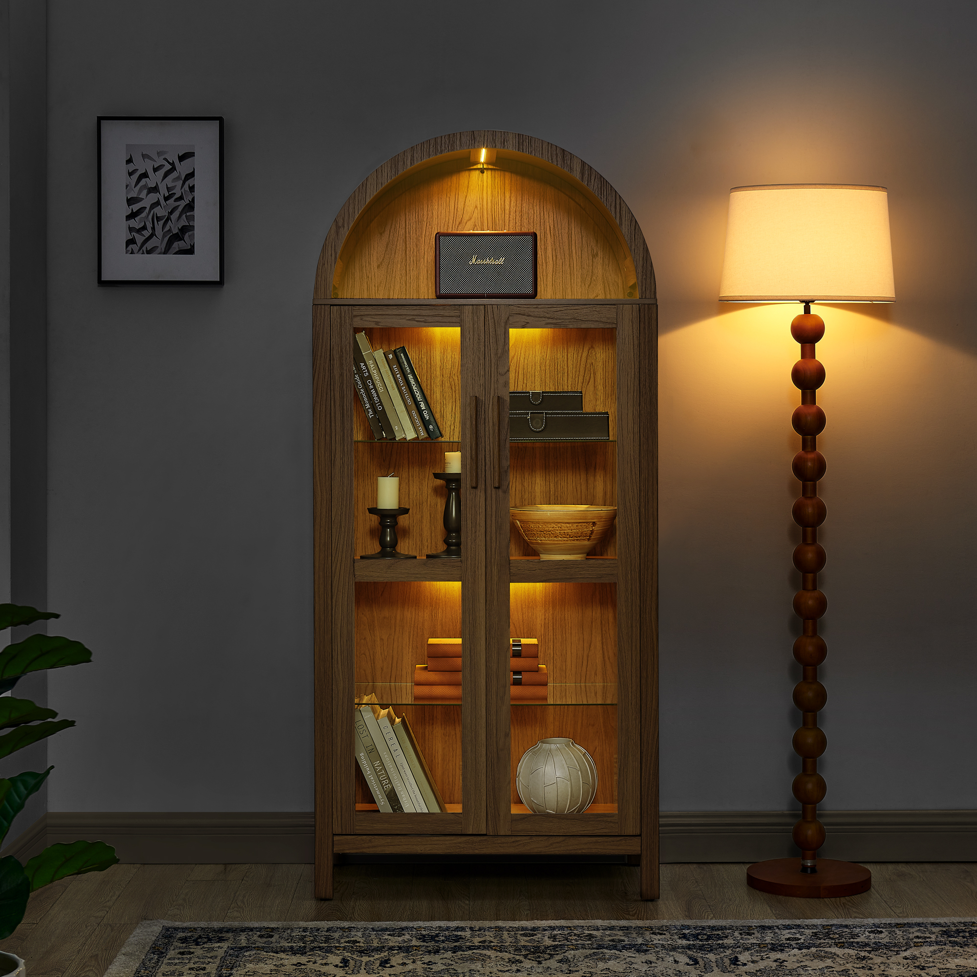 A high arched storage cabinet with a lamp, a modern retro-style wooden storage cabinet with adjustable glass partitions, suitable for use as a multi-functional cabinet in kitchens