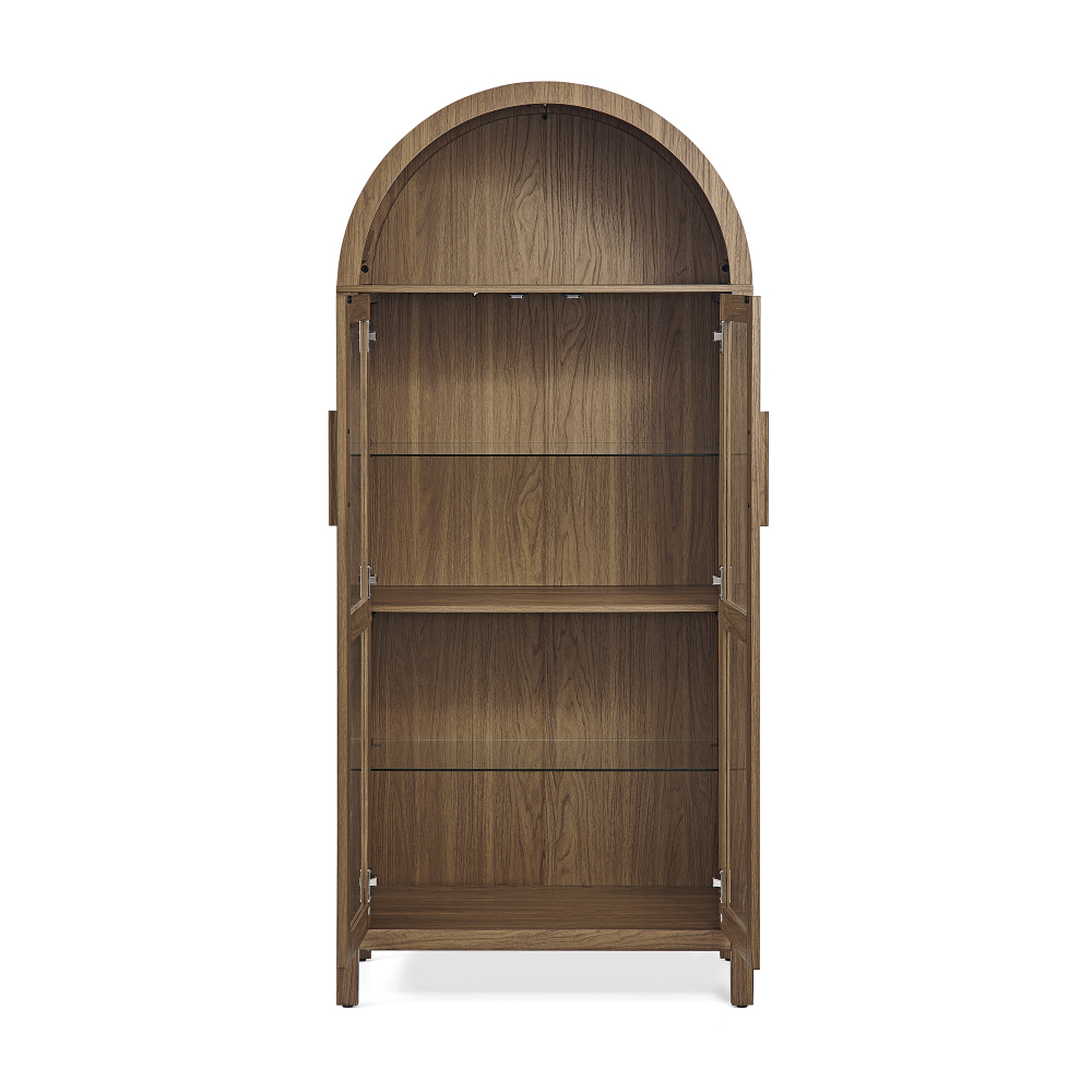 A high arched storage cabinet with a lamp, a modern retro-style wooden storage cabinet with adjustable glass partitions, suitable for use as a multi-functional cabinet in kitchens