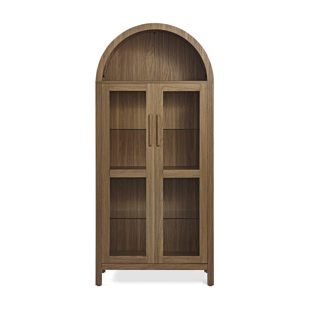 A high arched storage cabinet with a lamp, a modern retro-style wooden storage cabinet with adjustable glass partitions, suitable for use as a multi-functional cabinet in kitchens