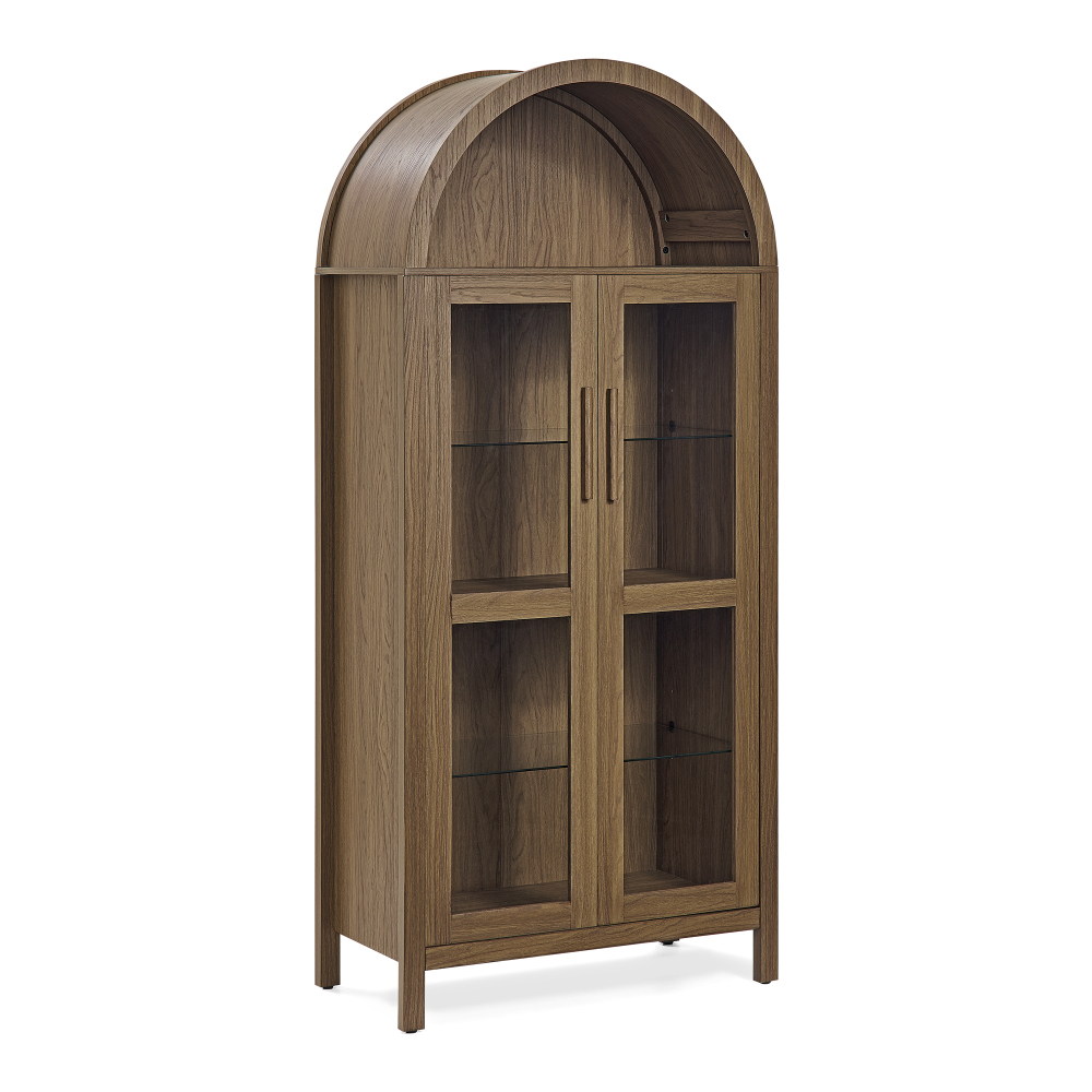 A high arched storage cabinet with a lamp, a modern retro-style wooden storage cabinet with adjustable glass partitions, suitable for use as a multi-functional cabinet in kitchens