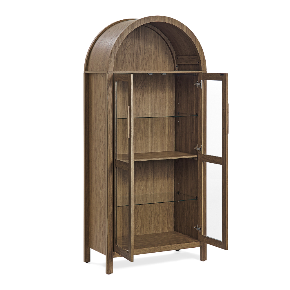 A high arched storage cabinet with a lamp, a modern retro-style wooden storage cabinet with adjustable glass partitions, suitable for use as a multi-functional cabinet in kitchens