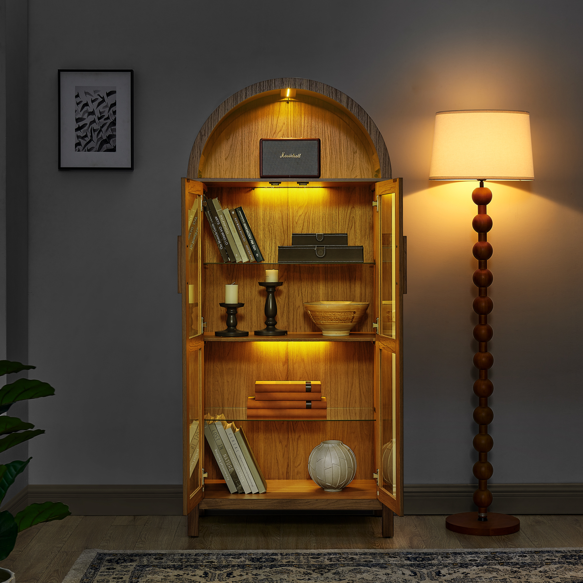 A high arched storage cabinet with a lamp, a modern retro-style wooden storage cabinet with adjustable glass partitions, suitable for use as a multi-functional cabinet in kitchens