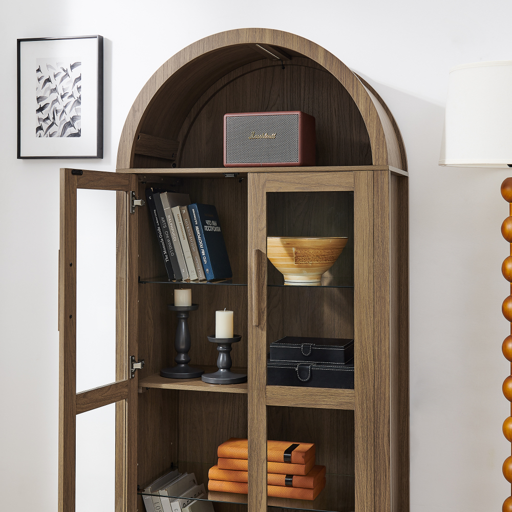 A high arched storage cabinet with a lamp, a modern retro-style wooden storage cabinet with adjustable glass partitions, suitable for use as a multi-functional cabinet in kitchens