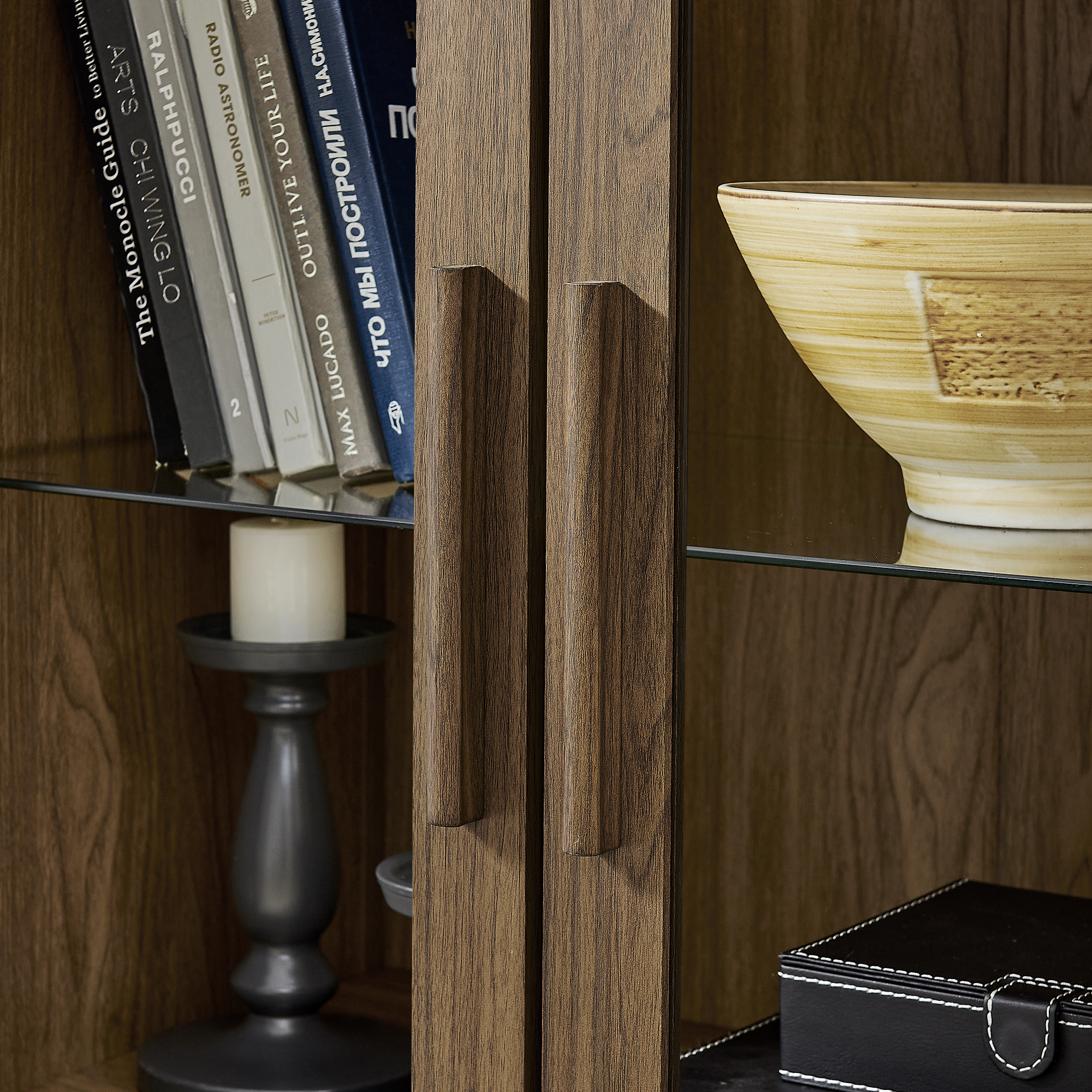 A high arched storage cabinet with a lamp, a modern retro-style wooden storage cabinet with adjustable glass partitions, suitable for use as a multi-functional cabinet in kitchens