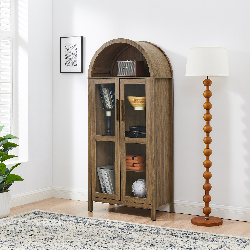 A high arched storage cabinet with a lamp, a modern retro-style wooden storage cabinet with adjustable glass partitions, suitable for use as a multi-functional cabinet in kitchens