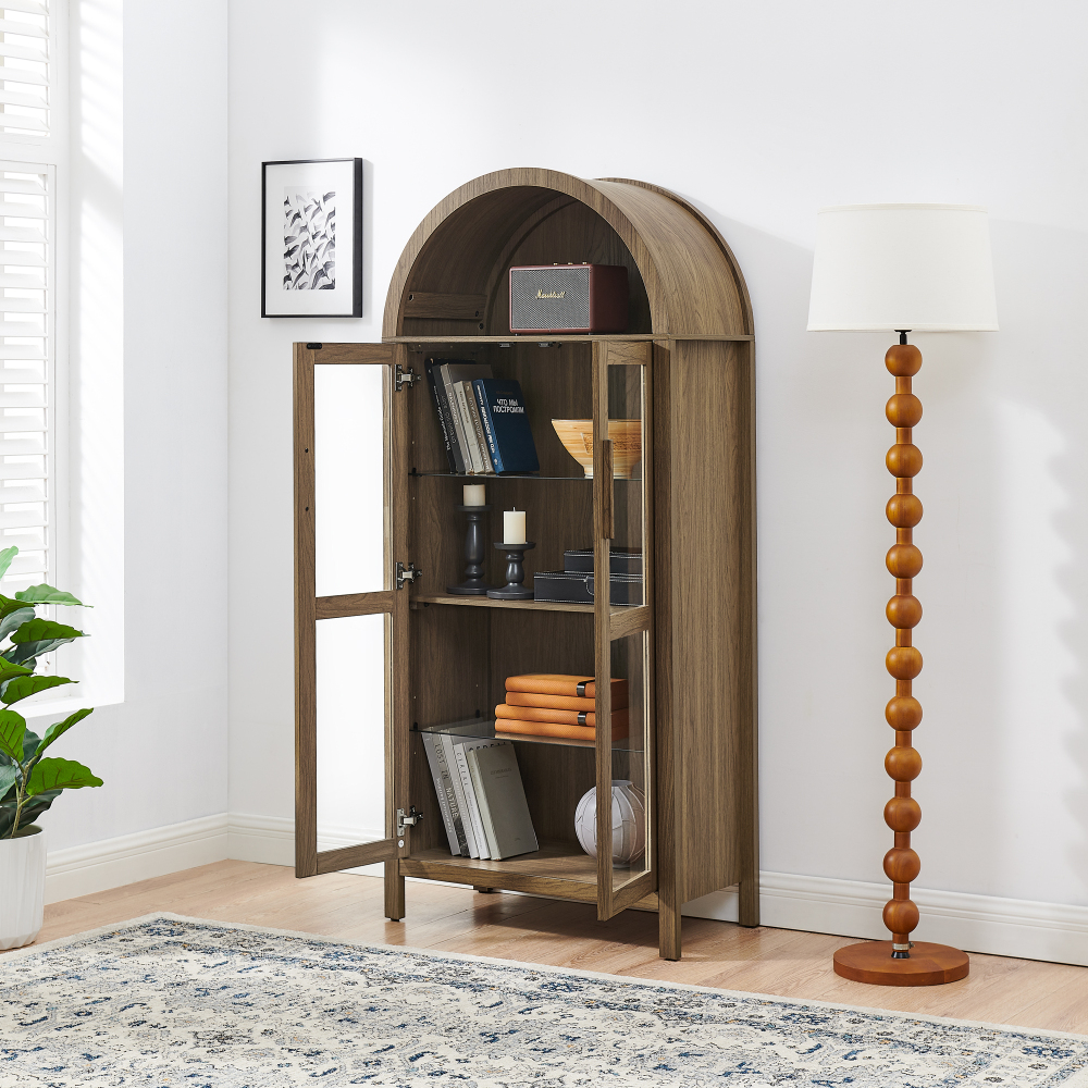 A high arched storage cabinet with a lamp, a modern retro-style wooden storage cabinet with adjustable glass partitions, suitable for use as a multi-functional cabinet in kitchens