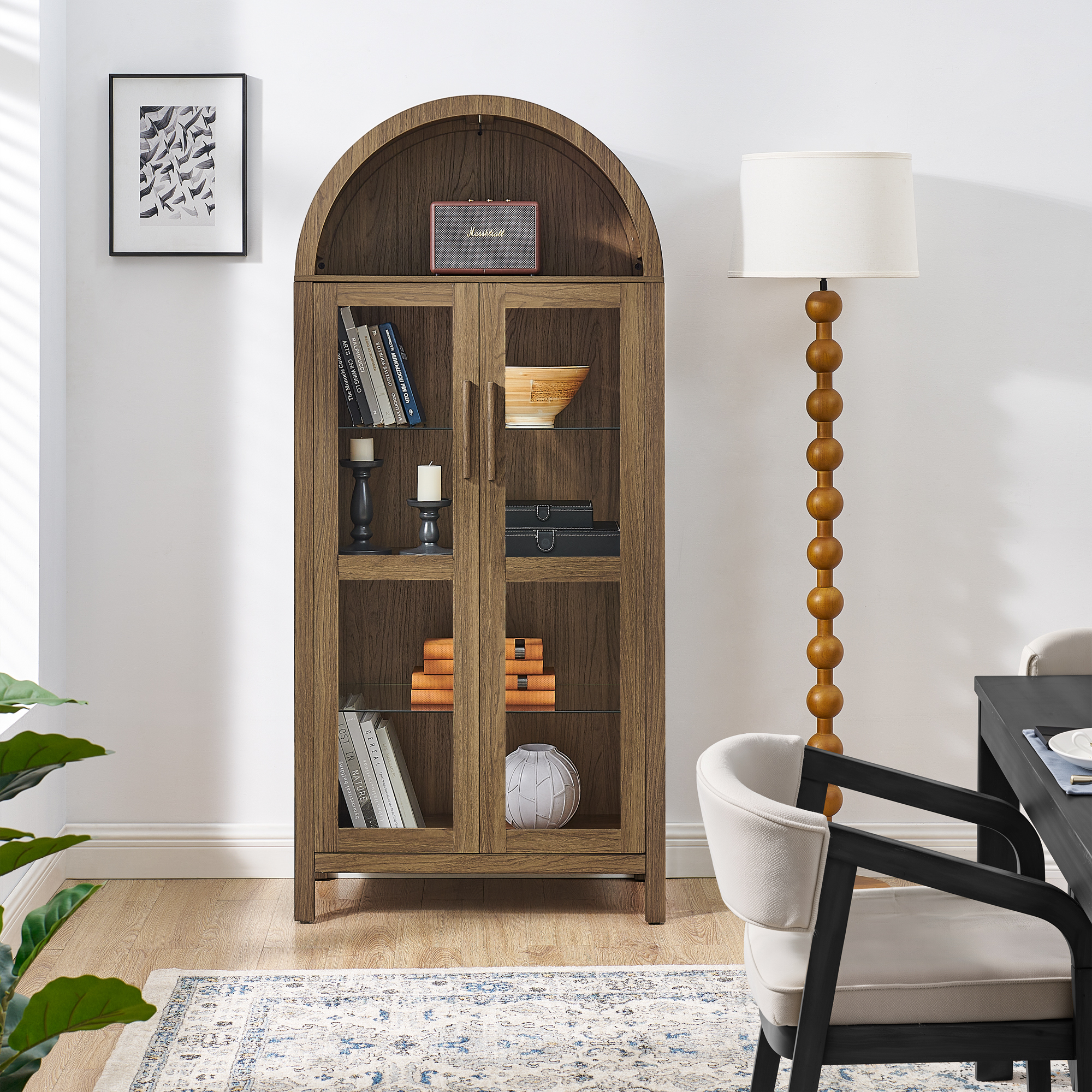 A high arched storage cabinet with a lamp, a modern retro-style wooden storage cabinet with adjustable glass partitions, suitable for use as a multi-functional cabinet in kitchens