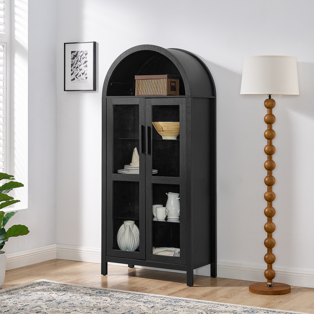A high arched storage cabinet with a lamp, a modern retro-style wooden storage cabinet with adjustable glass partitions, suitable for use as a multi-functional cabinet in kitchens