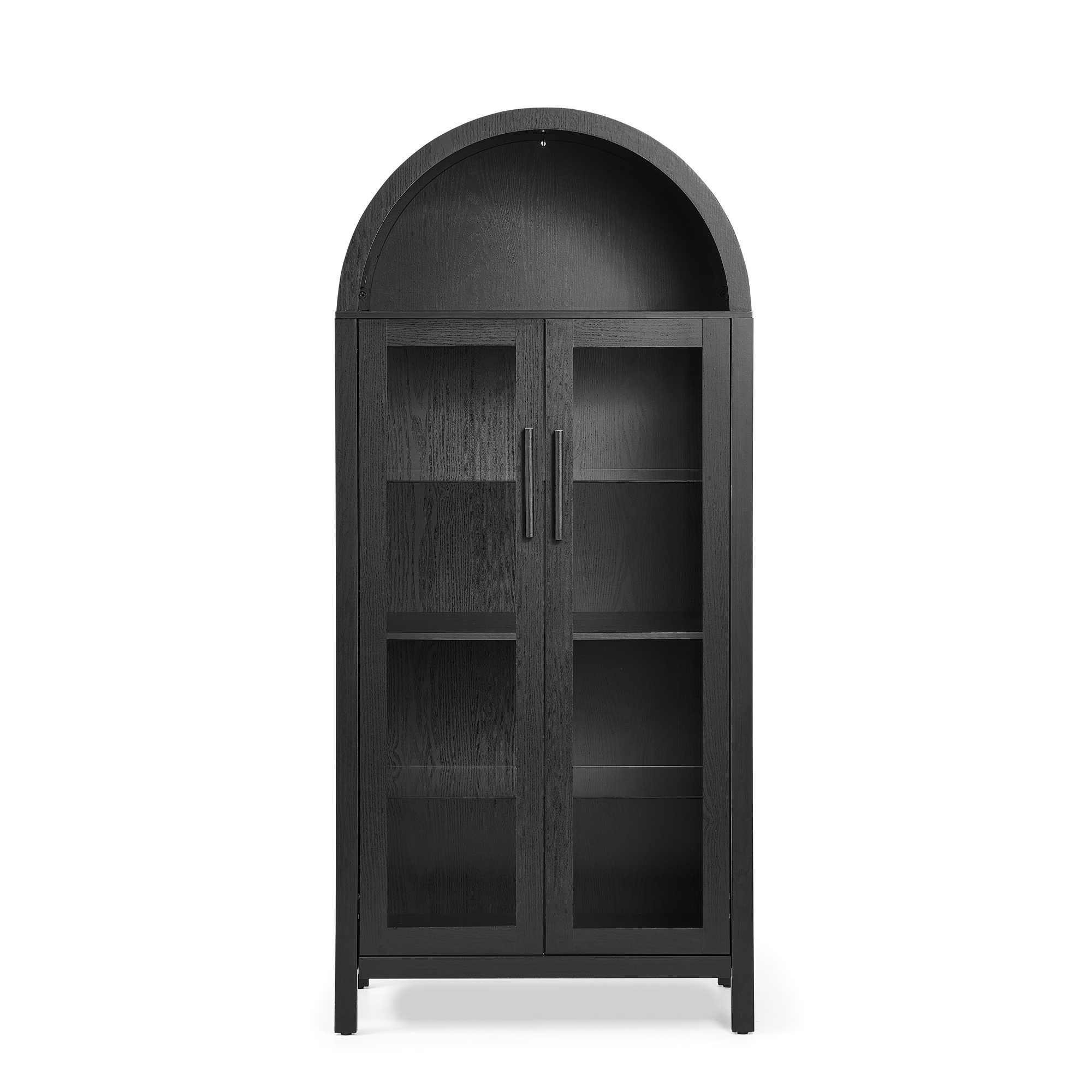 A high arched storage cabinet with a lamp, a modern retro-style wooden storage cabinet with adjustable glass partitions, suitable for use as a multi-functional cabinet in kitchens