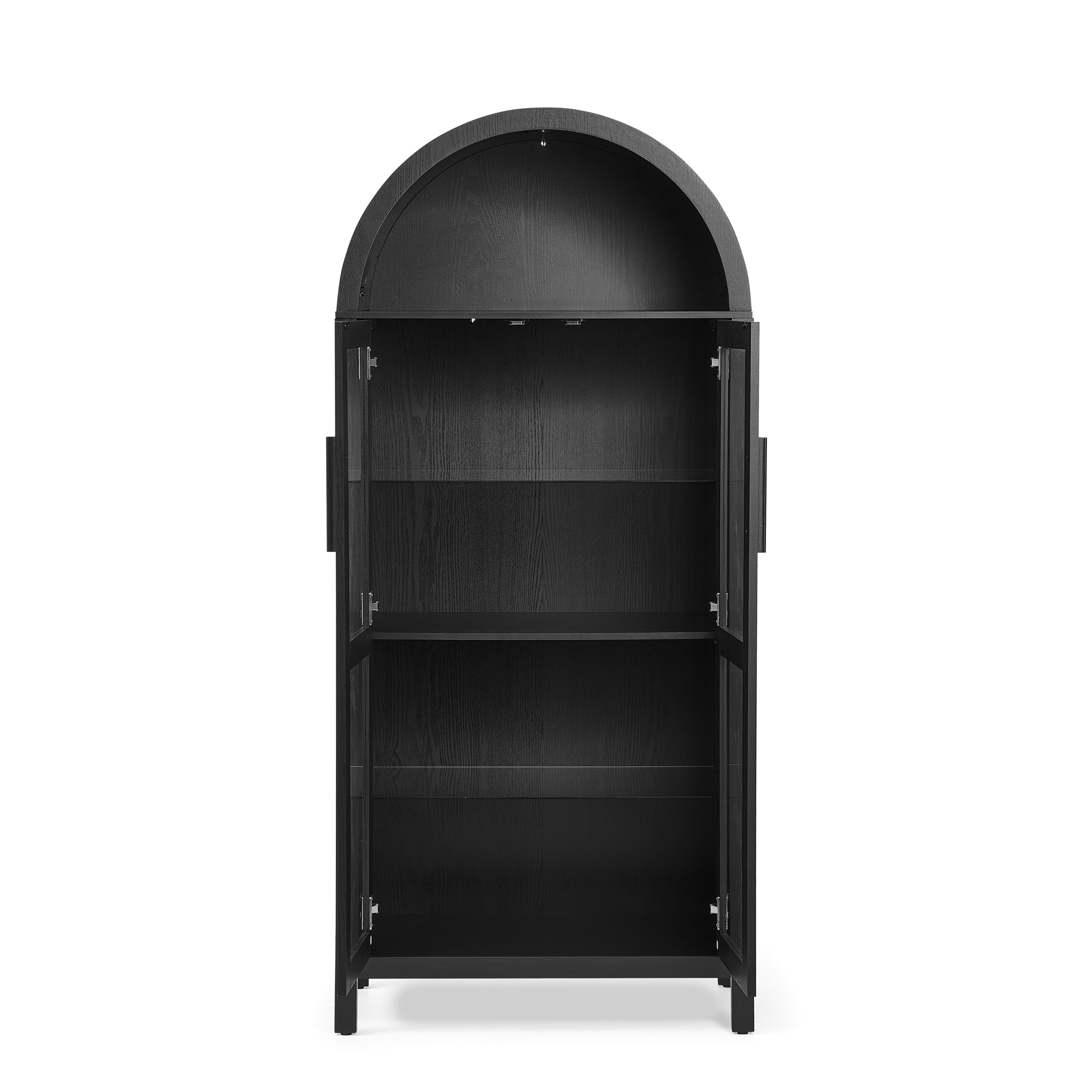 A high arched storage cabinet with a lamp, a modern retro-style wooden storage cabinet with adjustable glass partitions, suitable for use as a multi-functional cabinet in kitchens