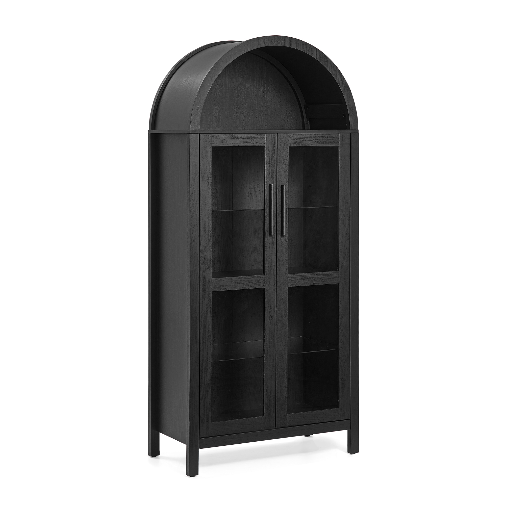 A high arched storage cabinet with a lamp, a modern retro-style wooden storage cabinet with adjustable glass partitions, suitable for use as a multi-functional cabinet in kitchens