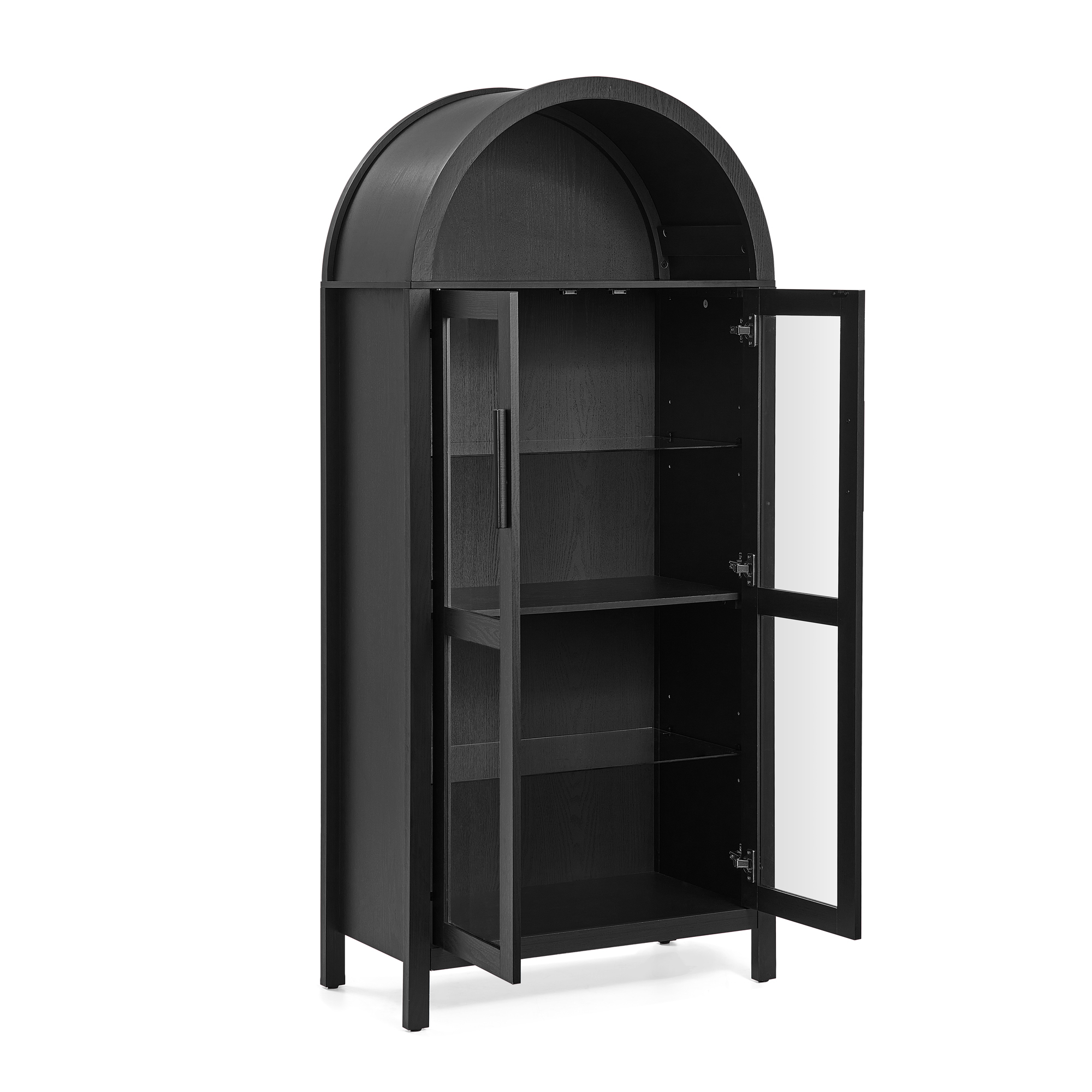 A high arched storage cabinet with a lamp, a modern retro-style wooden storage cabinet with adjustable glass partitions, suitable for use as a multi-functional cabinet in kitchens