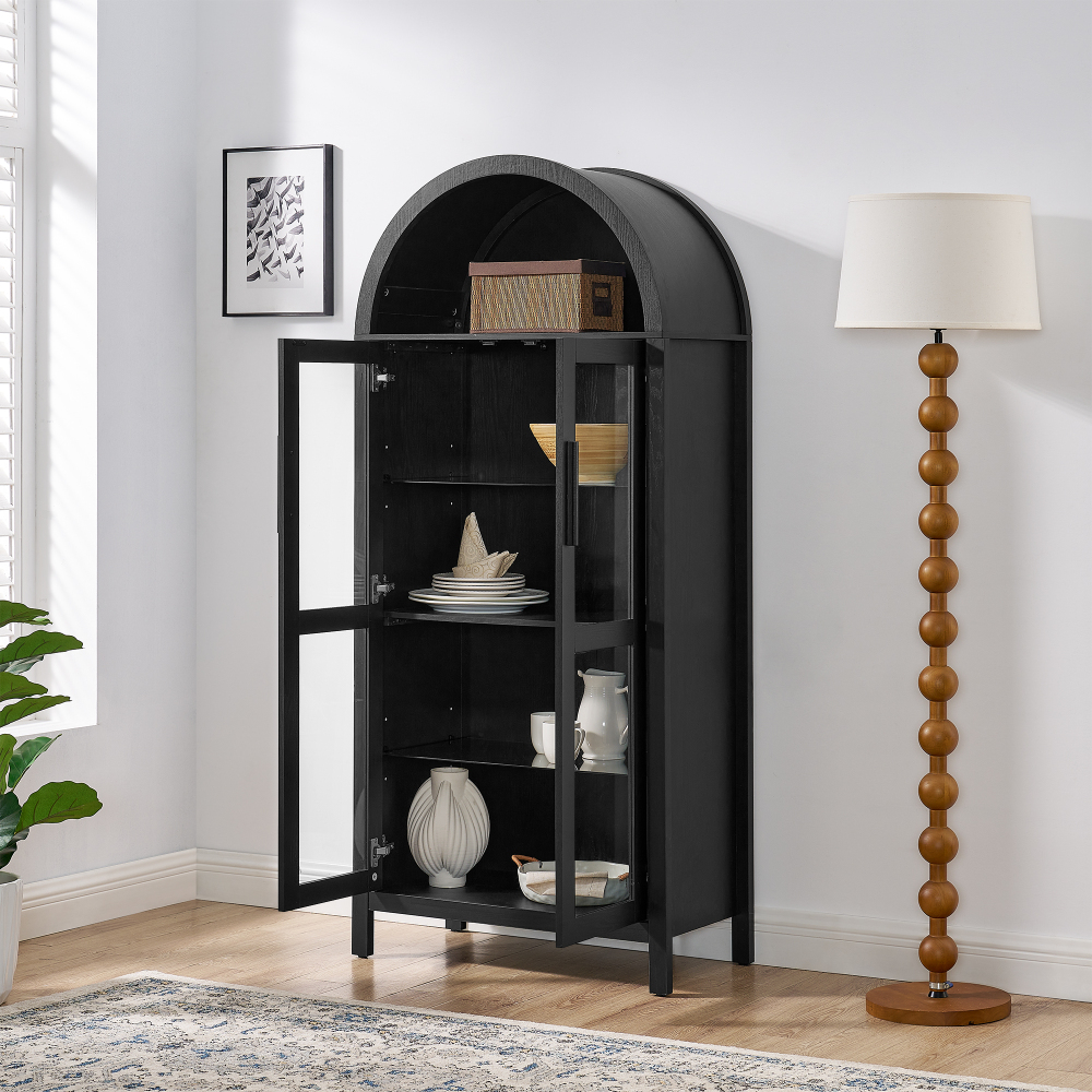 A high arched storage cabinet with a lamp, a modern retro-style wooden storage cabinet with adjustable glass partitions, suitable for use as a multi-functional cabinet in kitchens