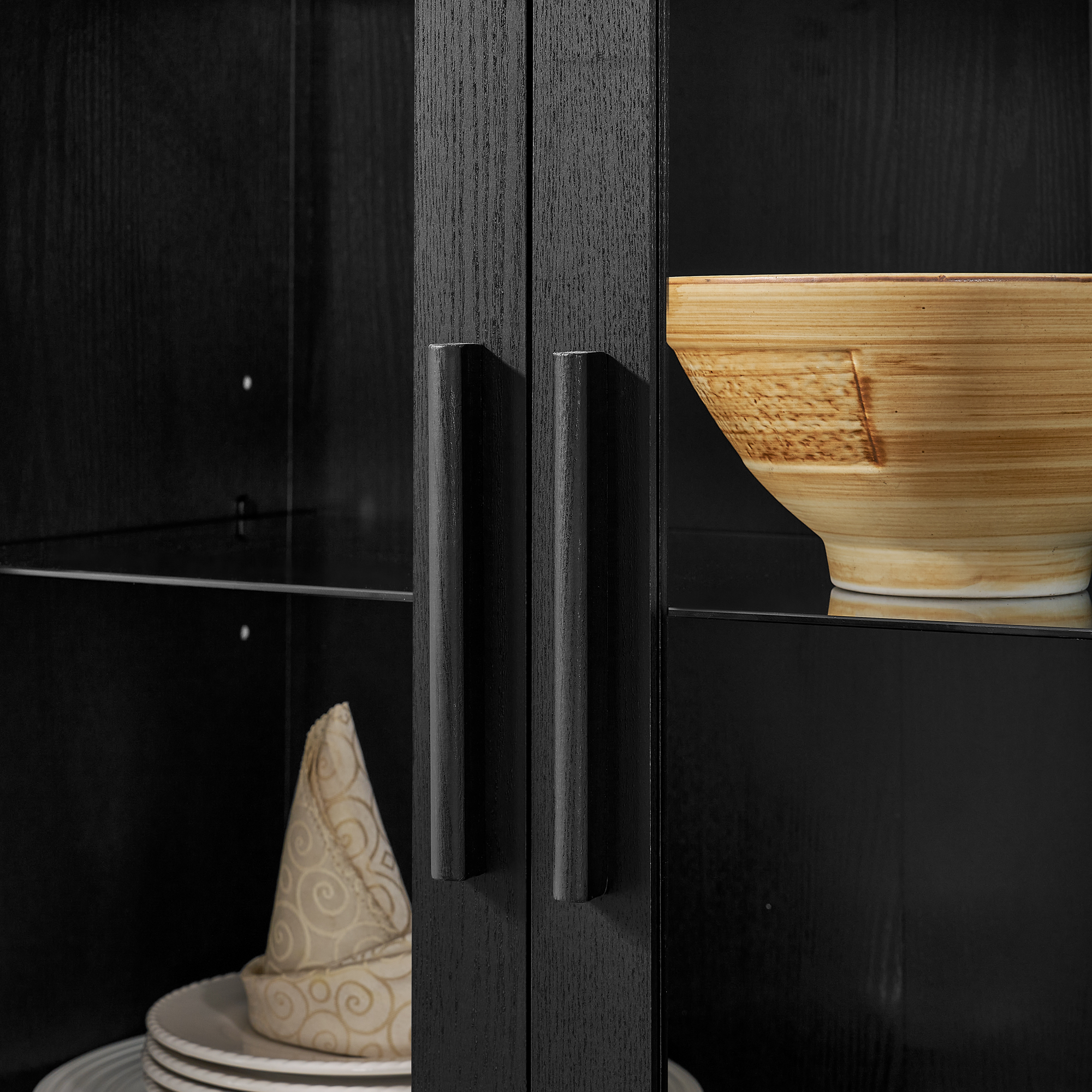 A high arched storage cabinet with a lamp, a modern retro-style wooden storage cabinet with adjustable glass partitions, suitable for use as a multi-functional cabinet in kitchens