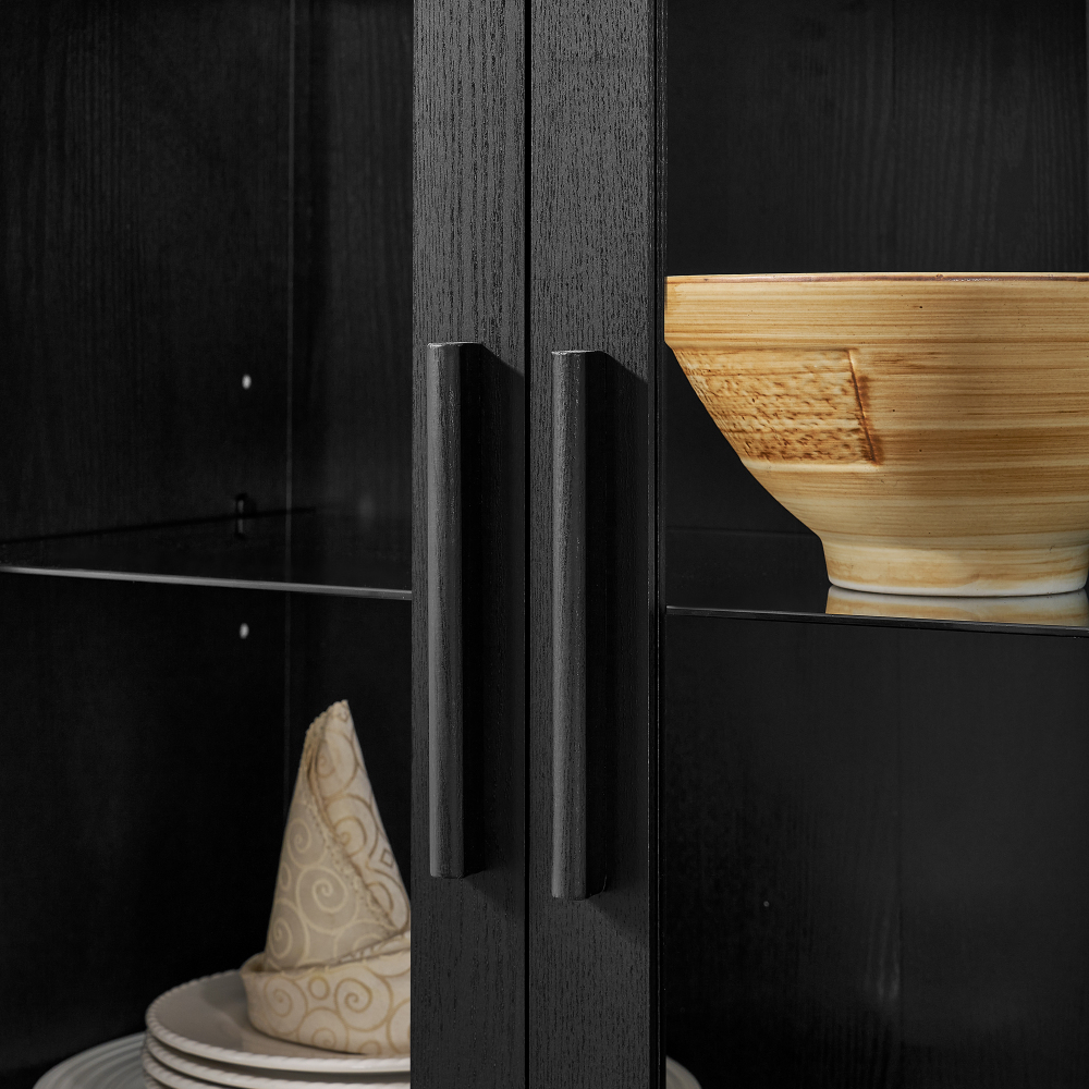 A high arched storage cabinet with a lamp, a modern retro-style wooden storage cabinet with adjustable glass partitions, suitable for use as a multi-functional cabinet in kitchens