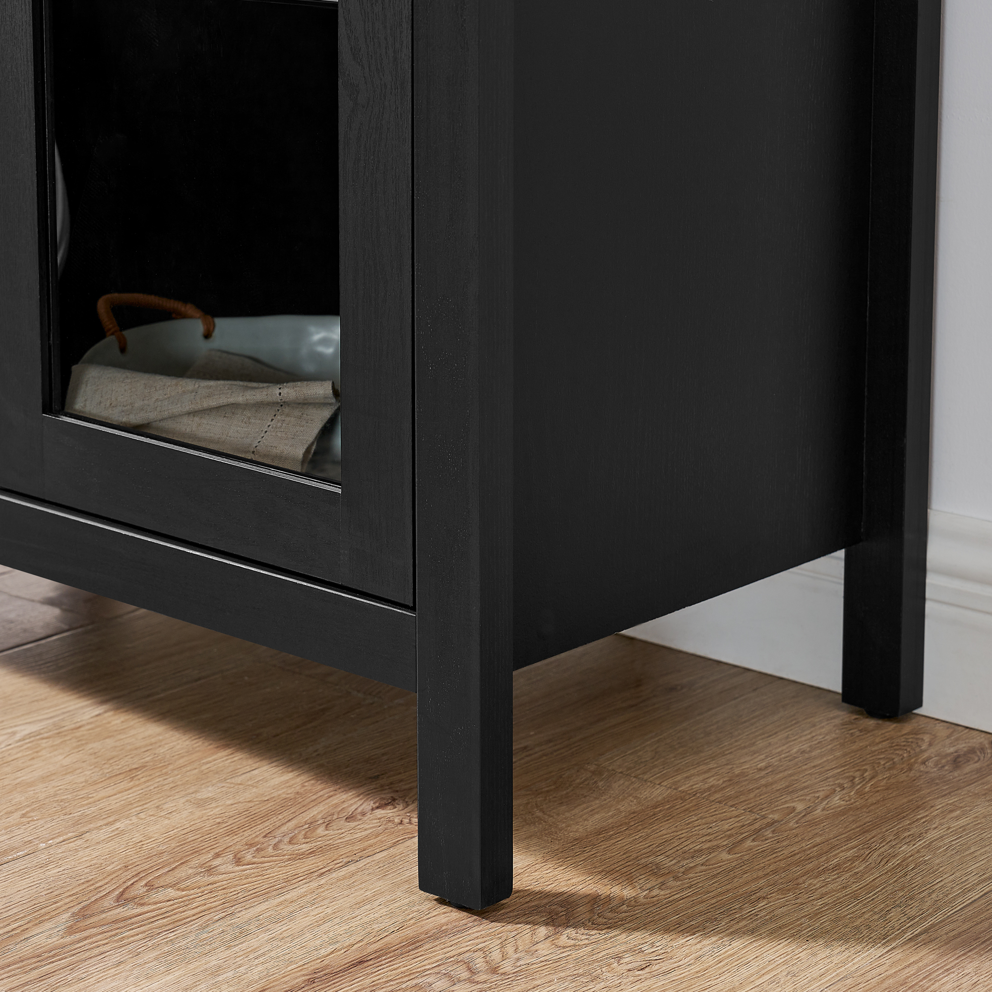 A high arched storage cabinet with a lamp, a modern retro-style wooden storage cabinet with adjustable glass partitions, suitable for use as a multi-functional cabinet in kitchens