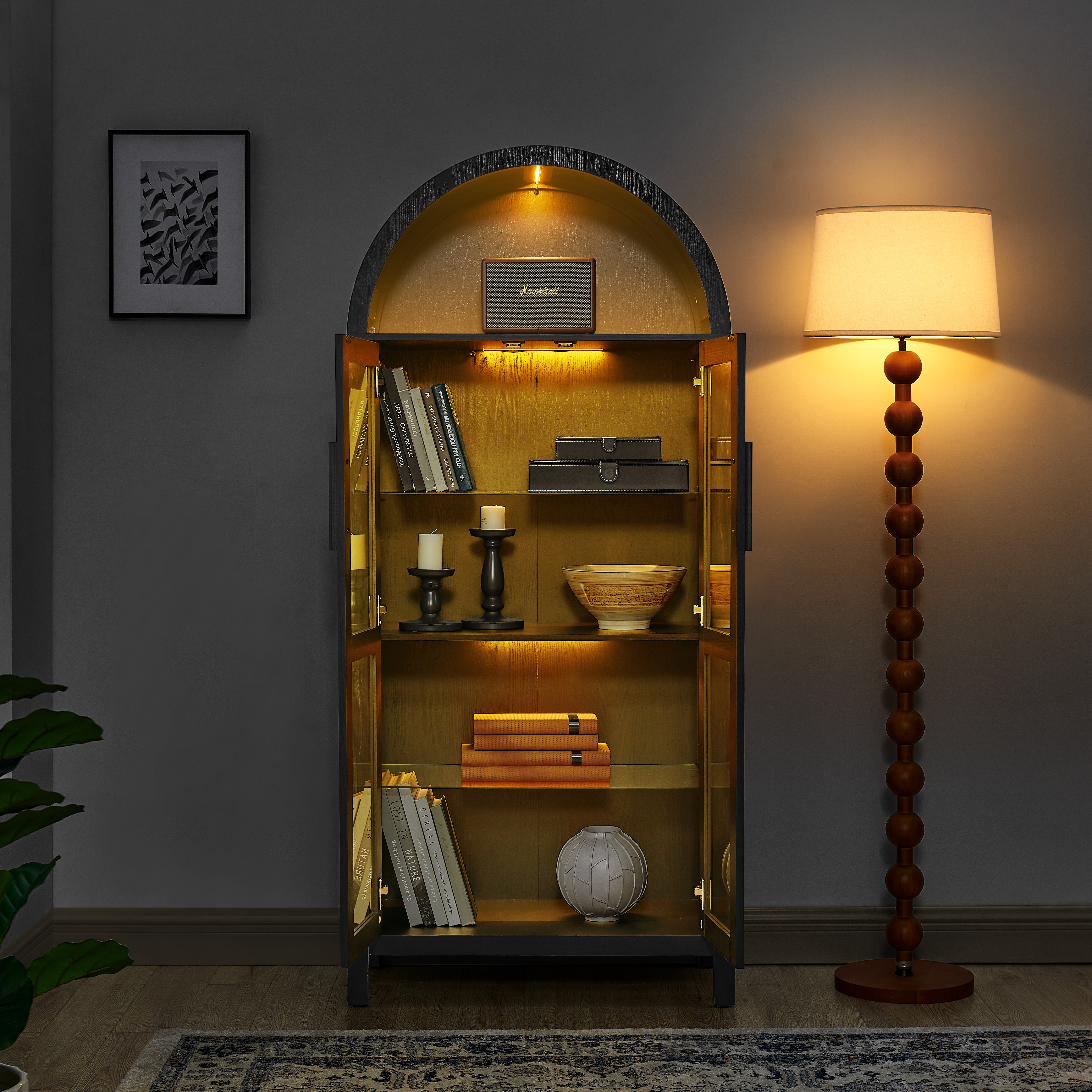 A high arched storage cabinet with a lamp, a modern retro-style wooden storage cabinet with adjustable glass partitions, suitable for use as a multi-functional cabinet in kitchens