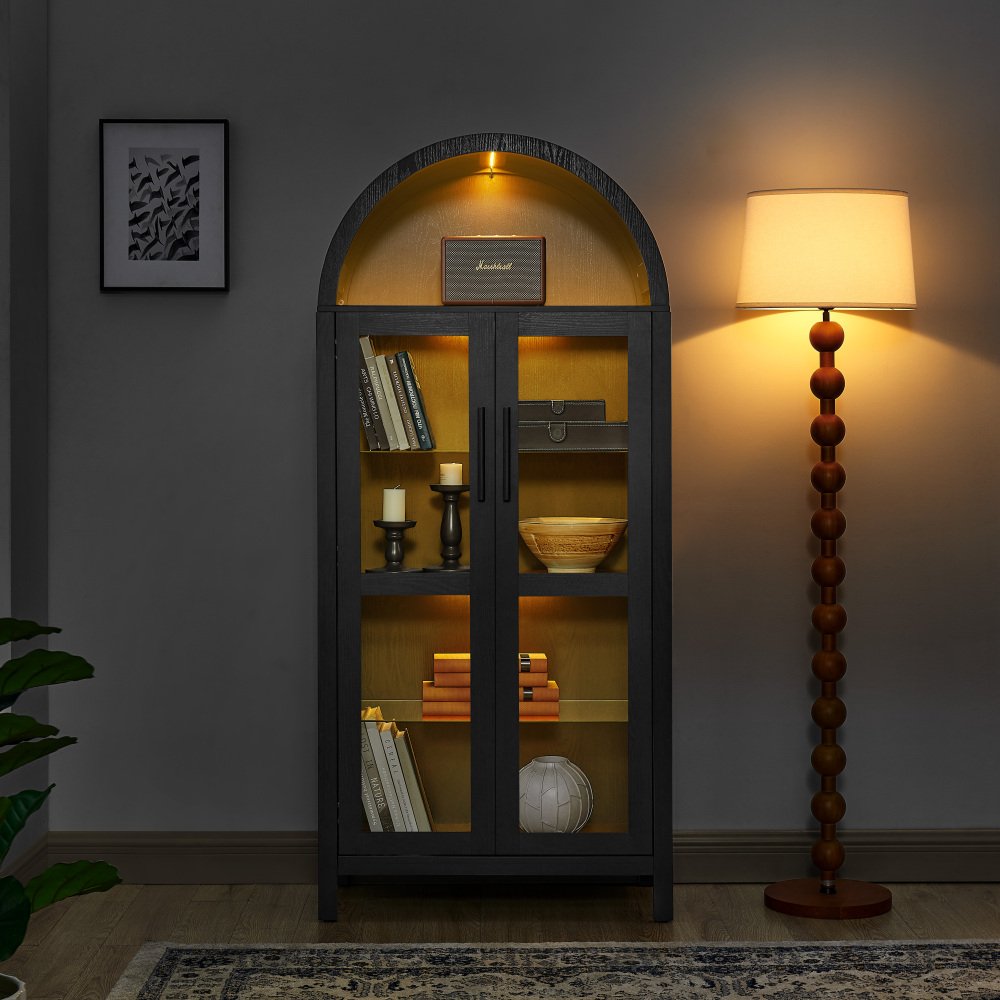 A high arched storage cabinet with a lamp, a modern retro-style wooden storage cabinet with adjustable glass partitions, suitable for use as a multi-functional cabinet in kitchens