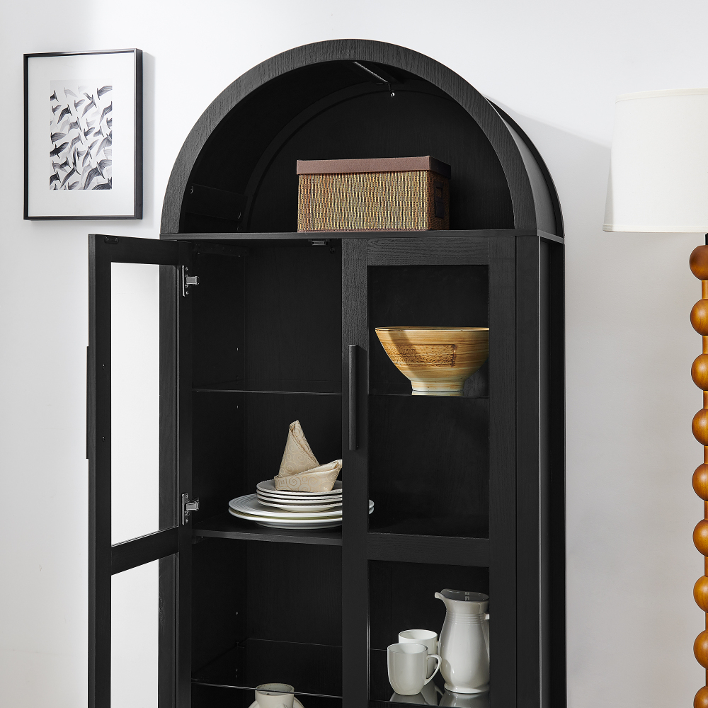 A high arched storage cabinet with a lamp, a modern retro-style wooden storage cabinet with adjustable glass partitions, suitable for use as a multi-functional cabinet in kitchens