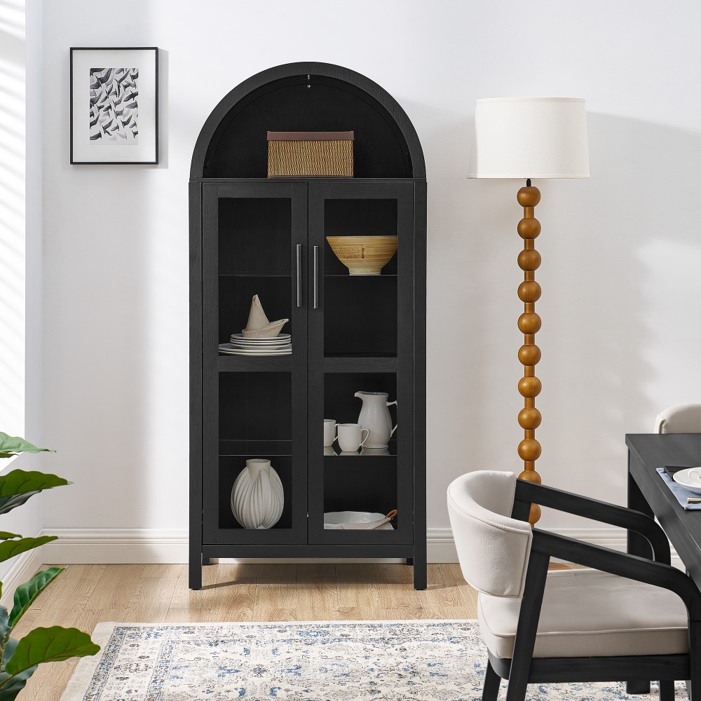 A high arched storage cabinet with a lamp, a modern retro-style wooden storage cabinet with adjustable glass partitions, suitable for use as a multi-functional cabinet in kitchens