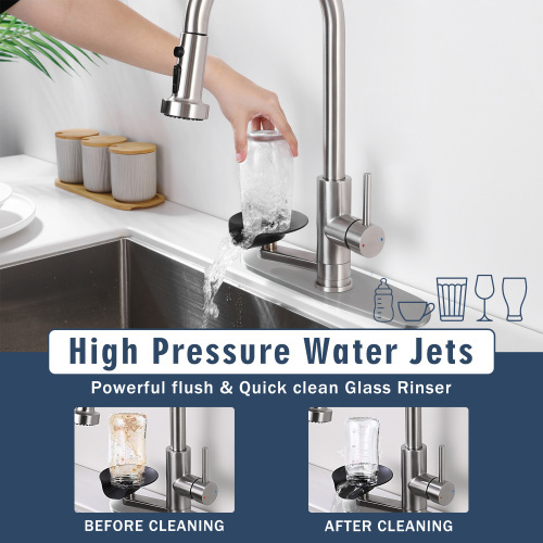 3-in-1 Kitchen Faucet with Press-Type Glass Rinser, High-Arc Pull-Down Sprayer Faucet, 3 Function Spray Mode, Matte Black Finish, for Modern Kitchen Sink