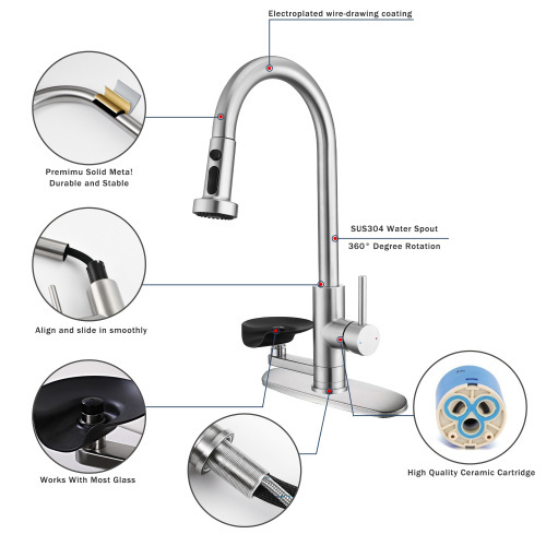 3-in-1 Kitchen Faucet with Press-Type Glass Rinser, High-Arc Pull-Down Sprayer Faucet, 3 Function Spray Mode, Matte Black Finish, for Modern Kitchen Sink