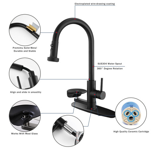 3-in-1 Kitchen Faucet with Press-Type Glass Rinser, High-Arc Pull-Down Sprayer Faucet, 3 Function Spray Mode, Matte Black Finish, for Modern Kitchen Sink