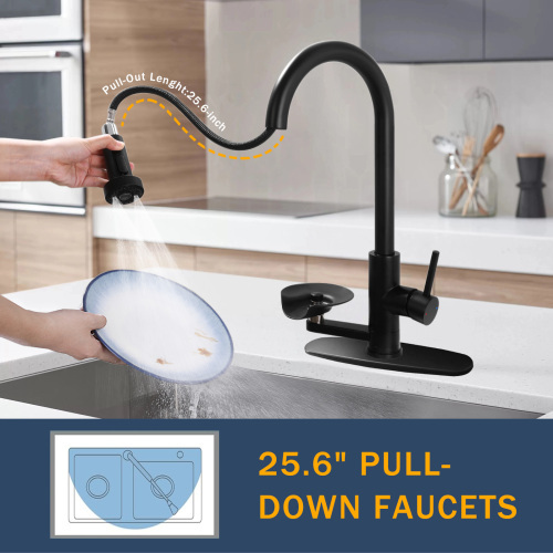 3-in-1 Kitchen Faucet with Press-Type Glass Rinser, High-Arc Pull-Down Sprayer Faucet, 3 Function Spray Mode, Matte Black Finish, for Modern Kitchen Sink