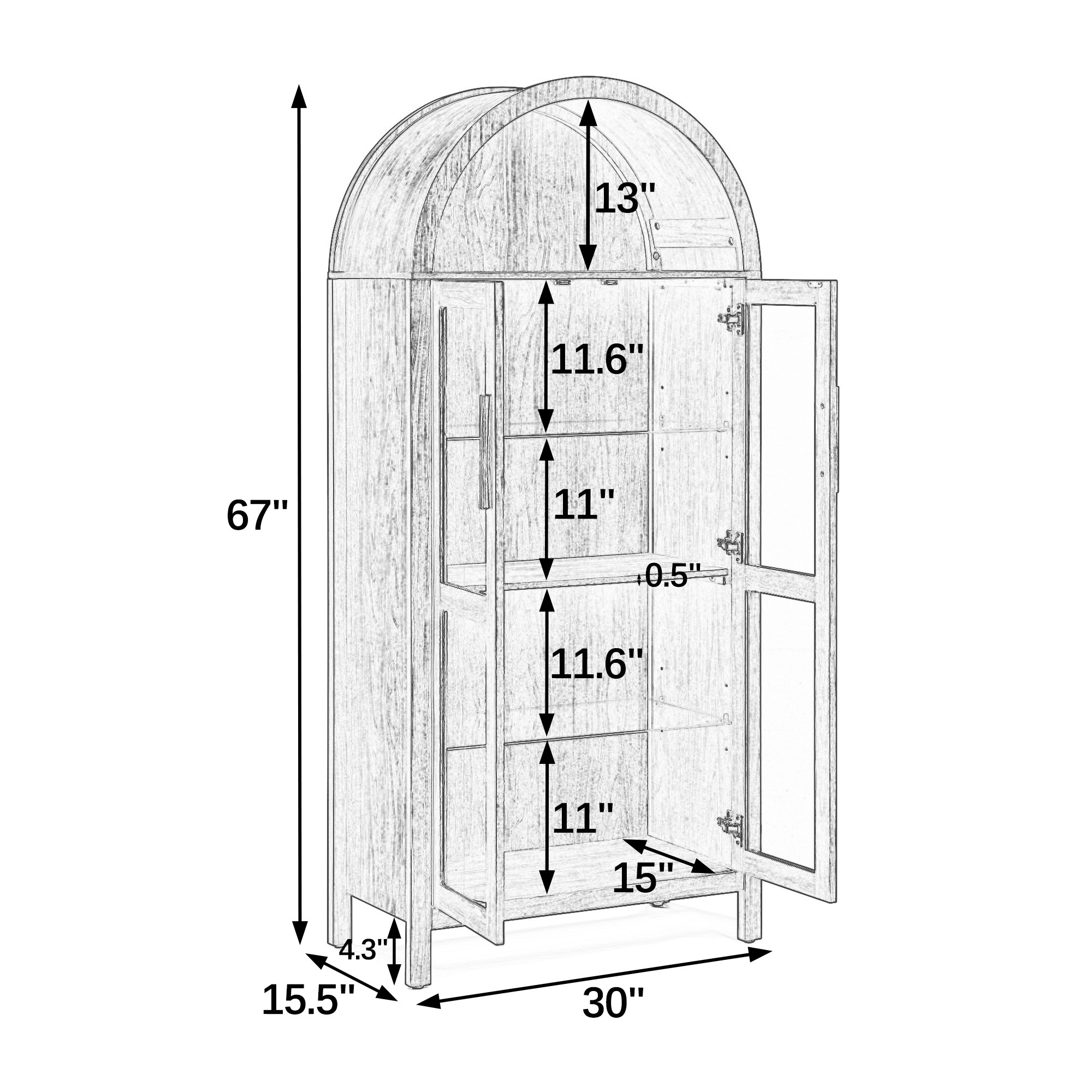 A high arched storage cabinet with a lamp, a modern retro-style wooden storage cabinet with adjustable glass partitions, suitable for use as a multi-functional cabinet in kitchens