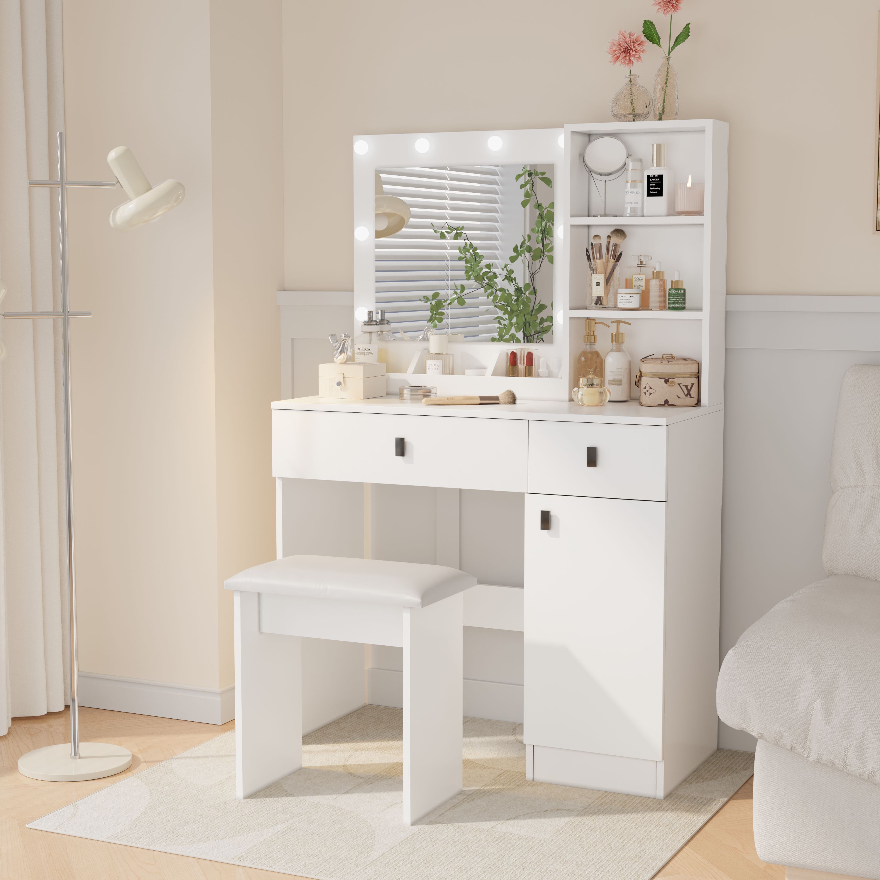 Vanity Desk with Lights, Vanity Set with Mirror, Makeup Vanity Desk with Large Drawers & Three Level Storage Dreeser, Vanitys/Vanities with 3 Lights Brightness Adjustable for Bedroom, White