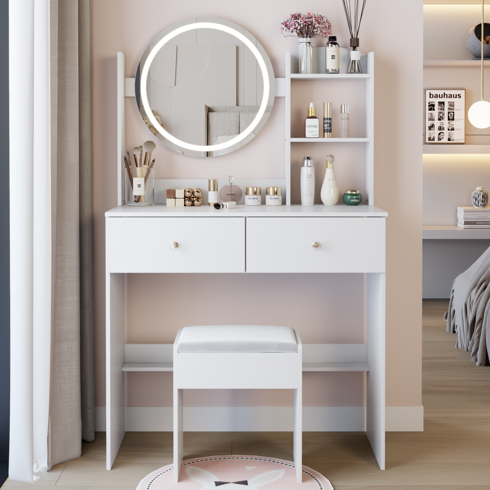 17" Round LED Mirror Vanity Table + Soft Cushion Stool Suit, Large Mirror, Touch Switch, 3 colors, Adjustable Brightness, Large Desktop, Multi-layer High Capacity Storage, Suitable For Small Space