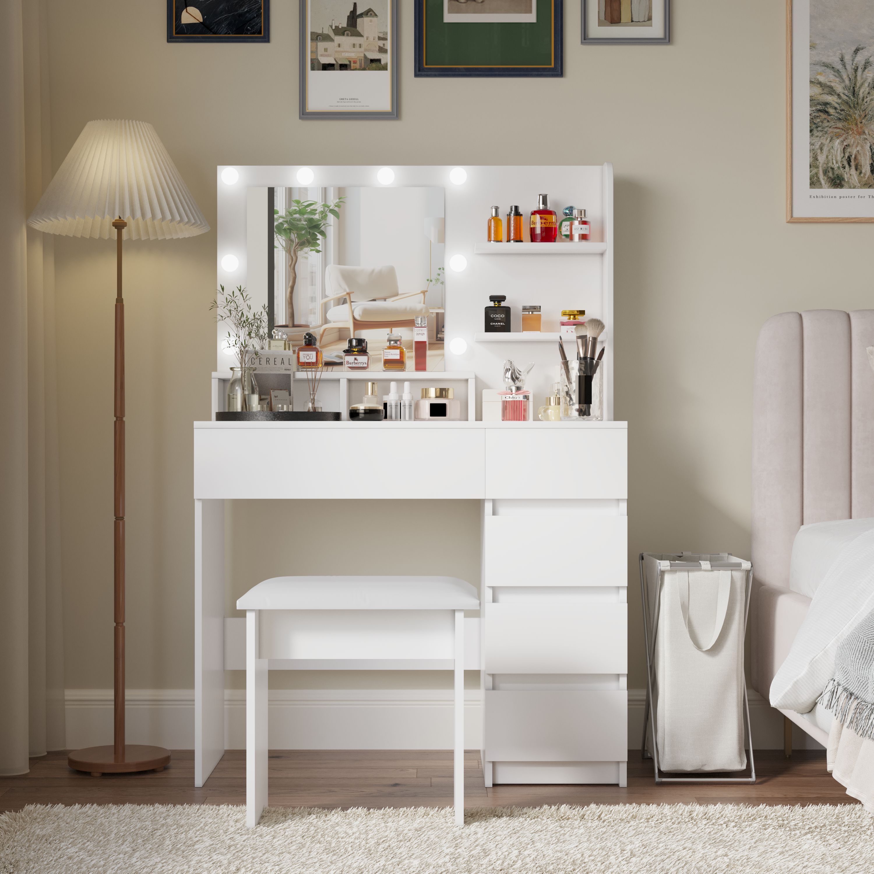 Vanity, Makeup Vanity Desk Set with Mirror & Light, Dressing Table Storage Lots , 3 Lighting Modes with Adjustable Brightness, White with Stool