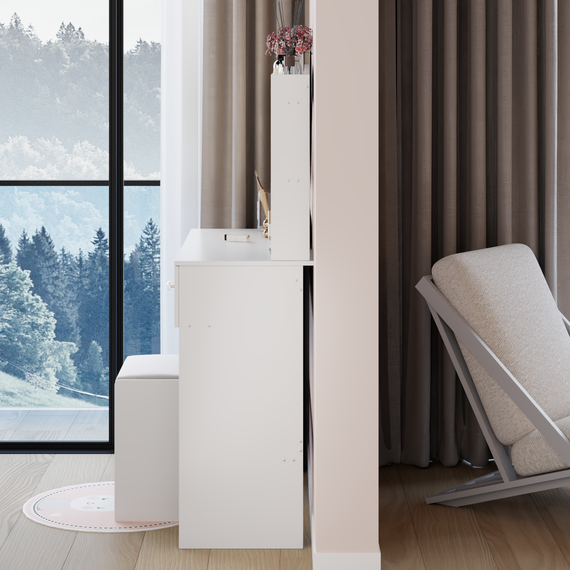 17" Round LED Mirror Vanity Table + Soft Cushion Stool Suit, Large Mirror, Touch Switch, 3 colors, Adjustable Brightness, Large Desktop, Multi-layer High Capacity Storage, Suitable For Small Space