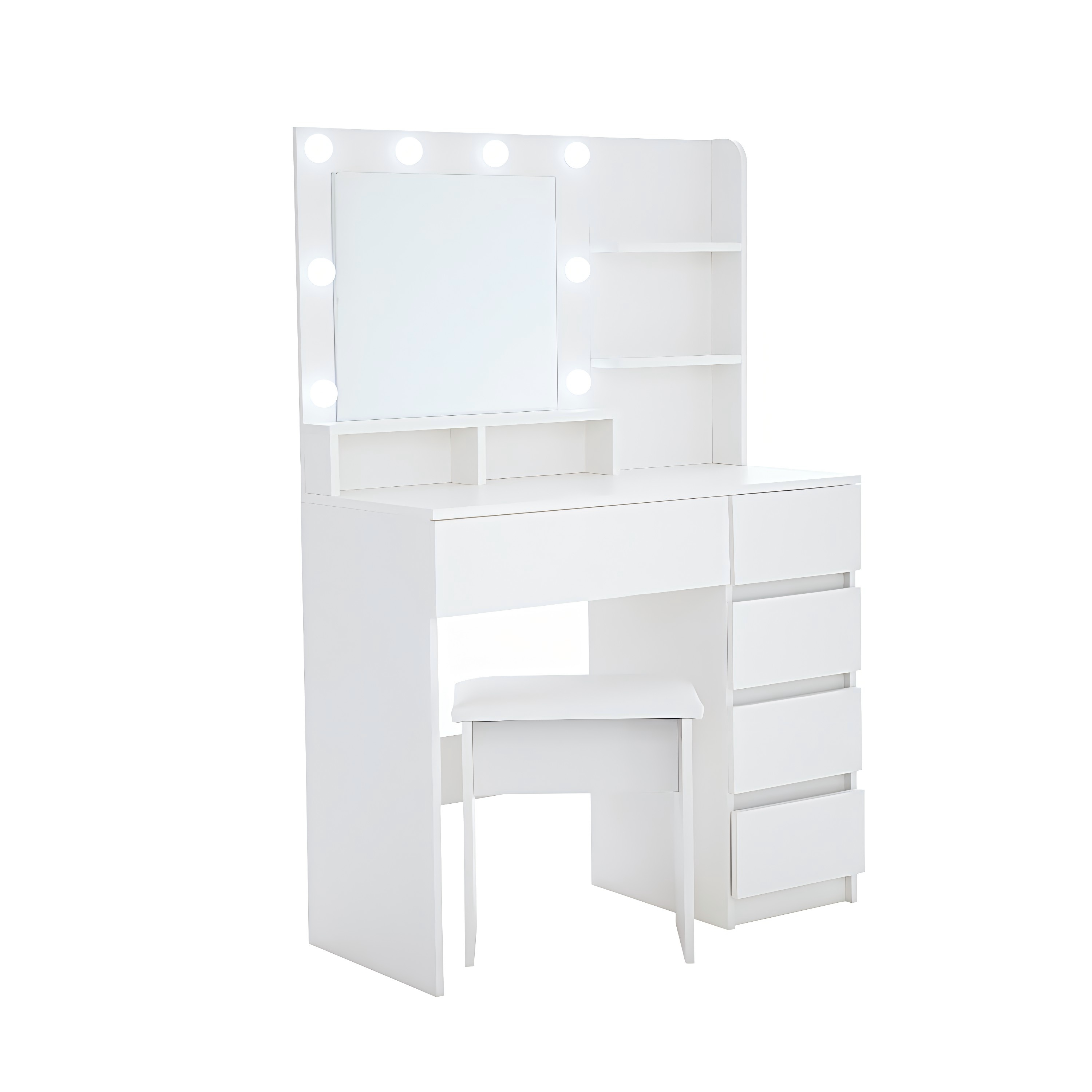 Vanity, Makeup Vanity Desk Set with Mirror & Light, Dressing Table Storage Lots , 3 Lighting Modes with Adjustable Brightness, White with Stool