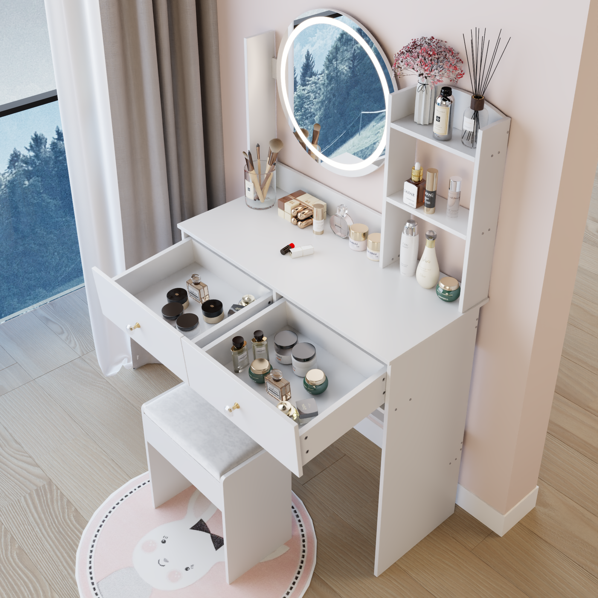 17" Round LED Mirror Vanity Table + Soft Cushion Stool Suit, Large Mirror, Touch Switch, 3 colors, Adjustable Brightness, Large Desktop, Multi-layer High Capacity Storage, Suitable For Small Space