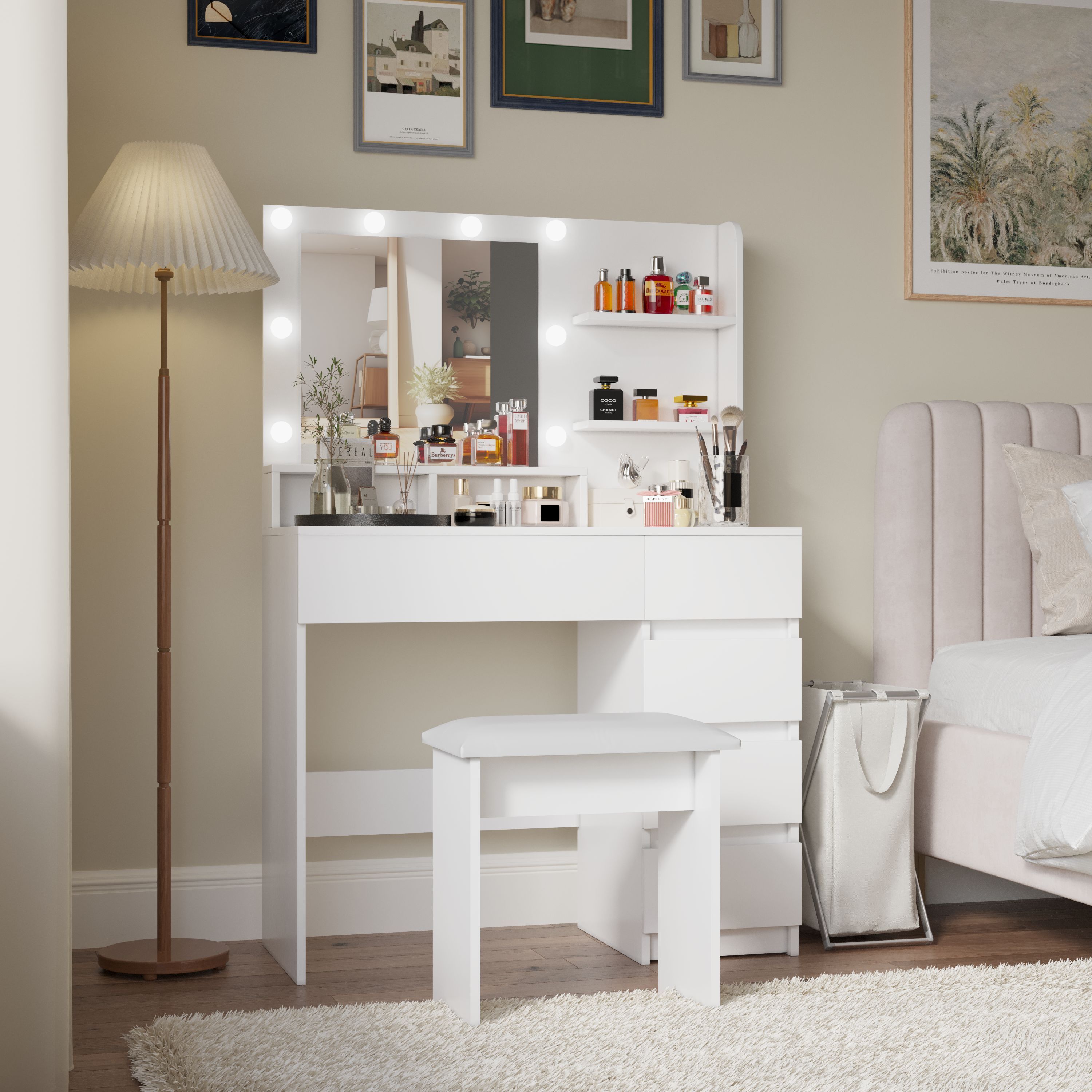 Vanity, Makeup Vanity Desk Set with Mirror & Light, Dressing Table Storage Lots , 3 Lighting Modes with Adjustable Brightness, White with Stool