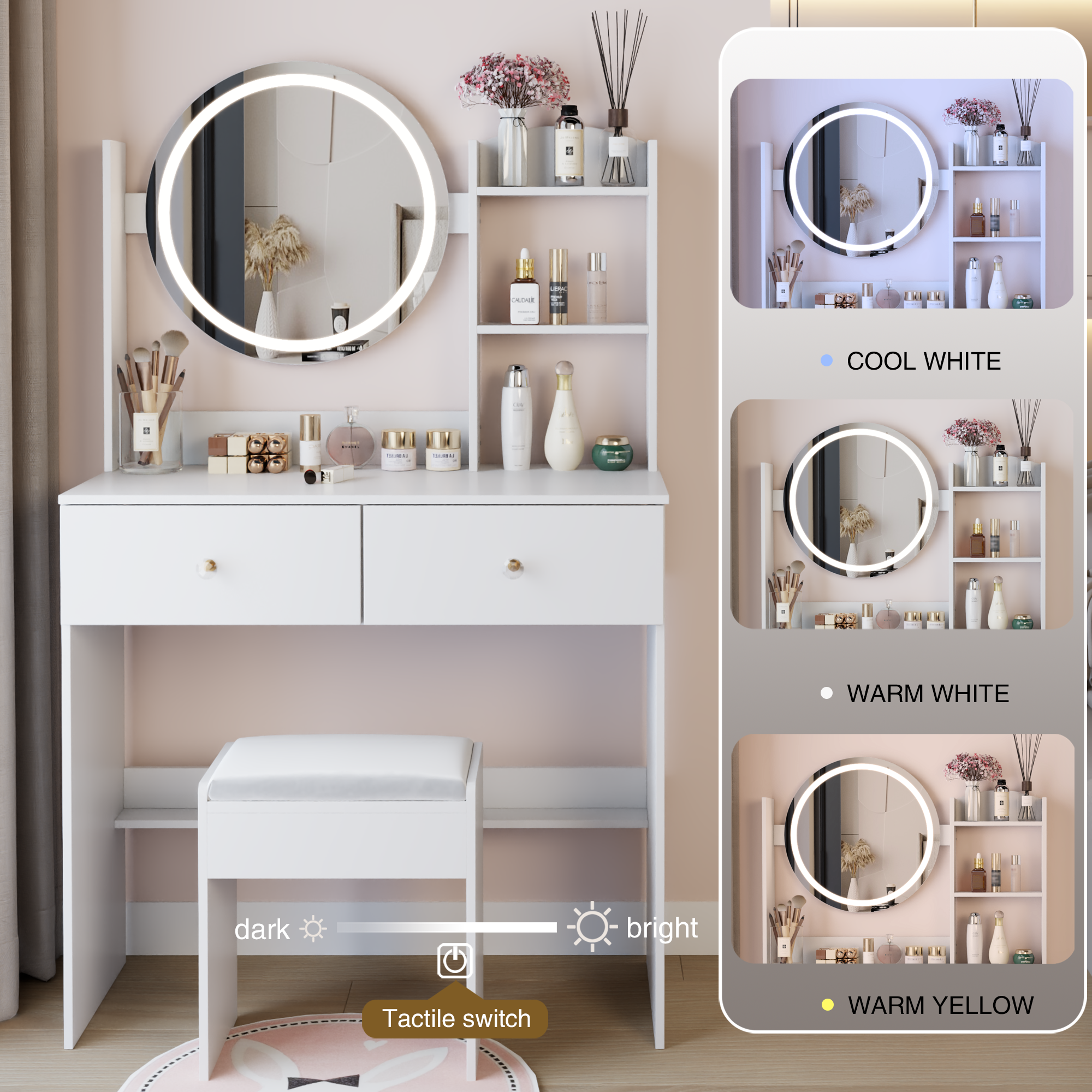 17" Round LED Mirror Vanity Table + Soft Cushion Stool Suit, Large Mirror, Touch Switch, 3 colors, Adjustable Brightness, Large Desktop, Multi-layer High Capacity Storage, Suitable For Small Space