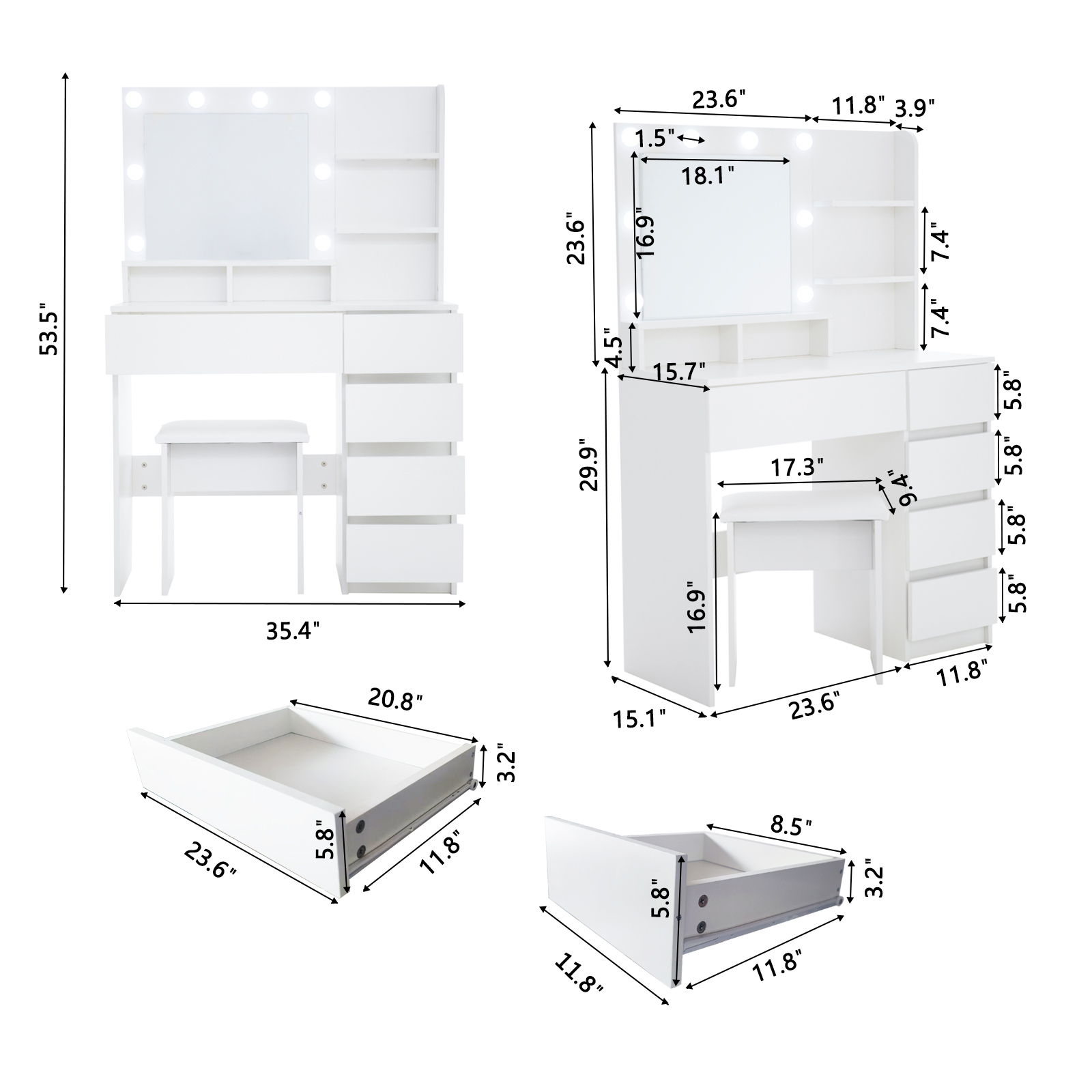 Vanity, Makeup Vanity Desk Set with Mirror & Light, Dressing Table Storage Lots , 3 Lighting Modes with Adjustable Brightness, White with Stool
