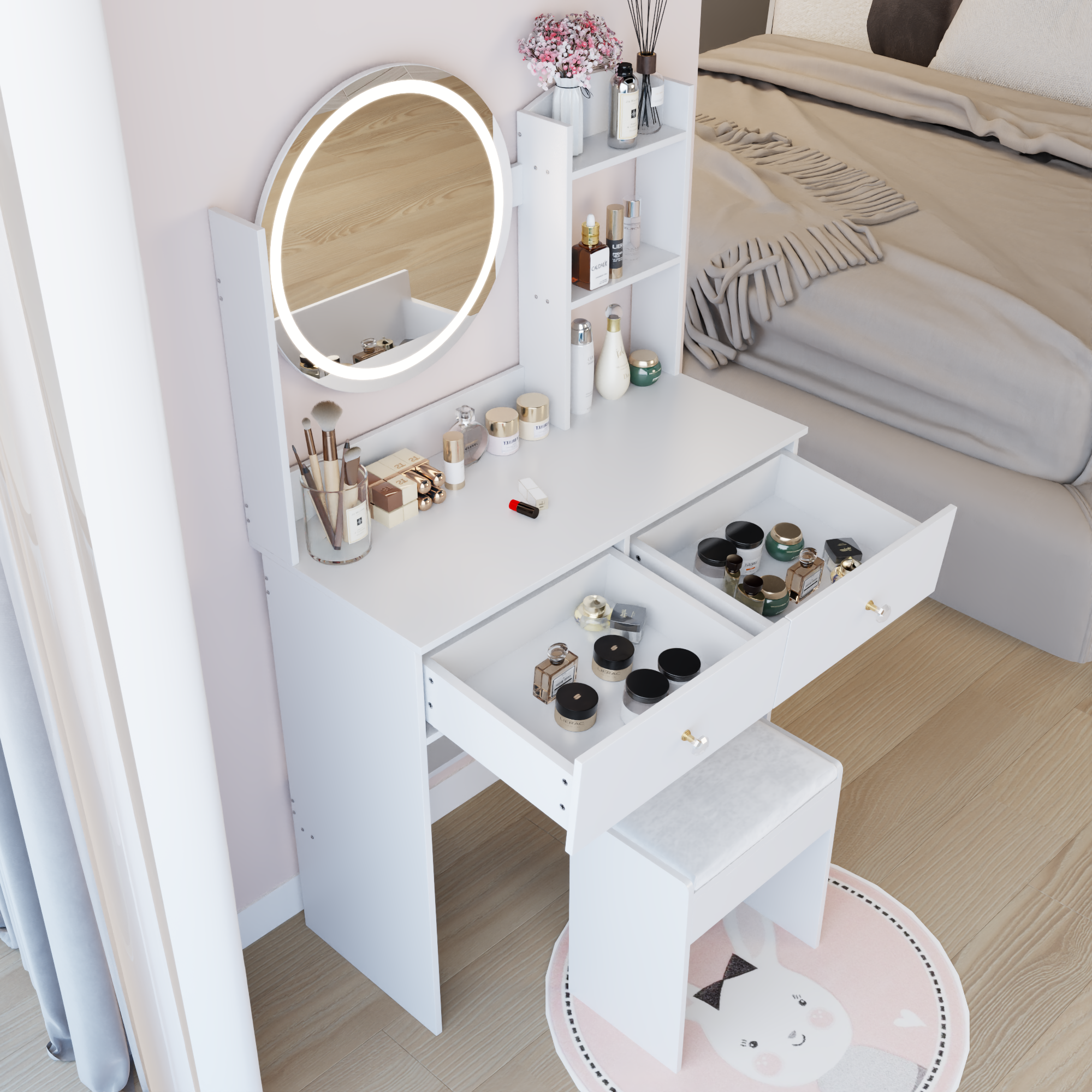 17" Round LED Mirror Vanity Table + Soft Cushion Stool Suit, Large Mirror, Touch Switch, 3 colors, Adjustable Brightness, Large Desktop, Multi-layer High Capacity Storage, Suitable For Small Space