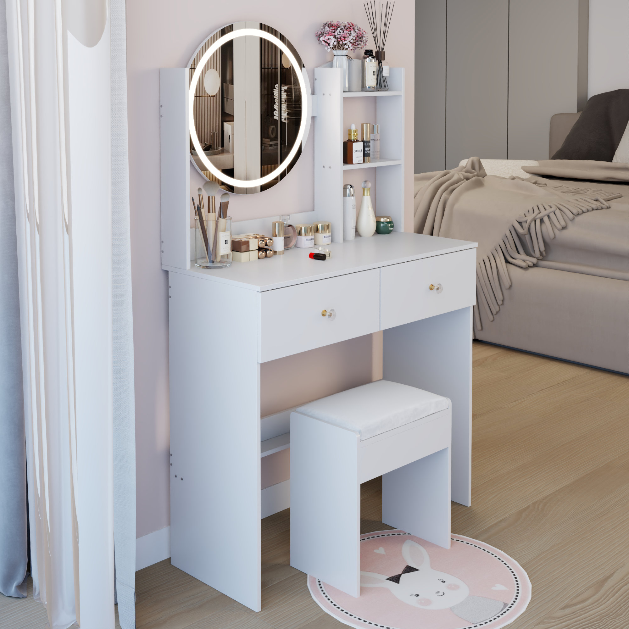 17" Round LED Mirror Vanity Table + Soft Cushion Stool Suit, Large Mirror, Touch Switch, 3 colors, Adjustable Brightness, Large Desktop, Multi-layer High Capacity Storage, Suitable For Small Space
