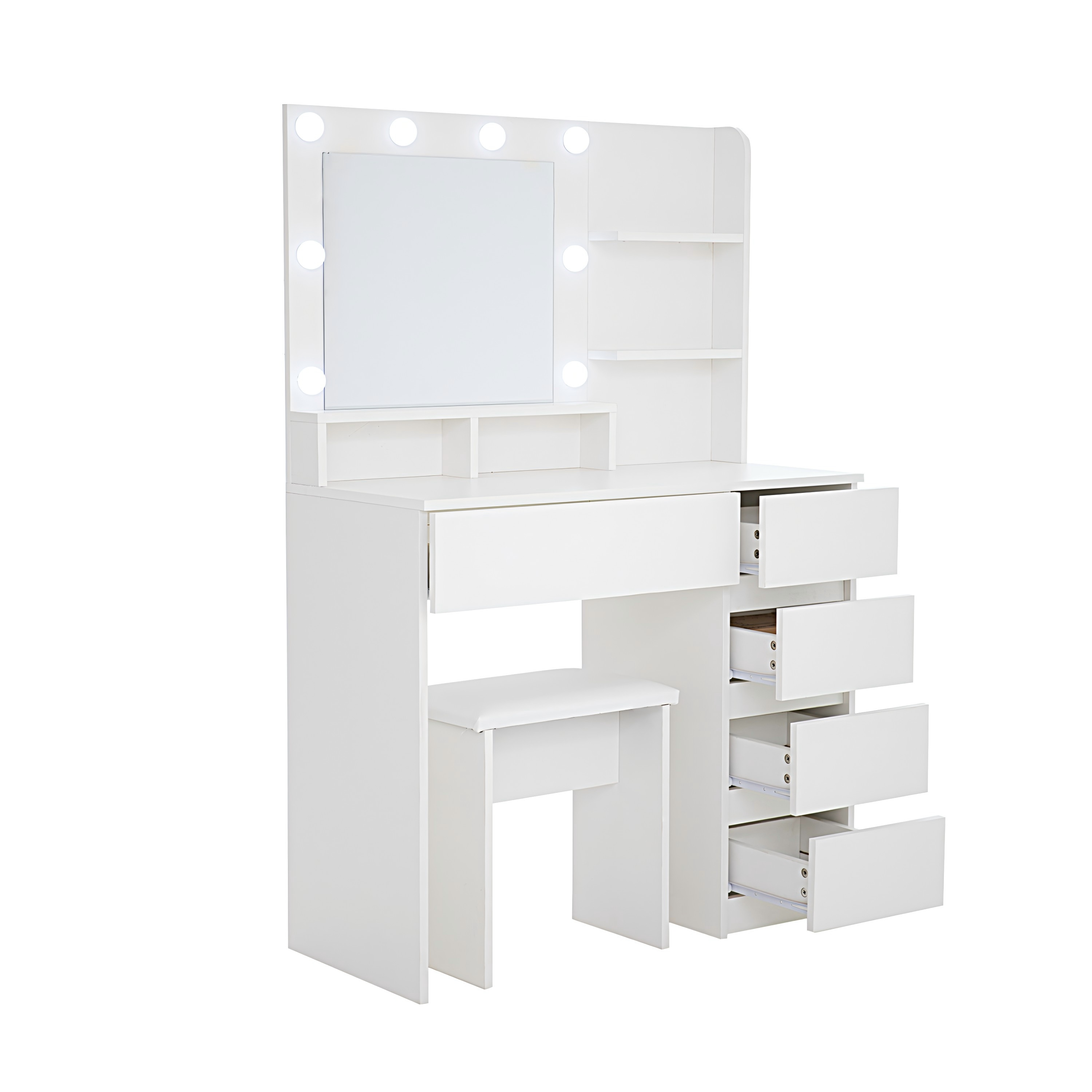 Vanity, Makeup Vanity Desk Set with Mirror & Light, Dressing Table Storage Lots , 3 Lighting Modes with Adjustable Brightness, White with Stool