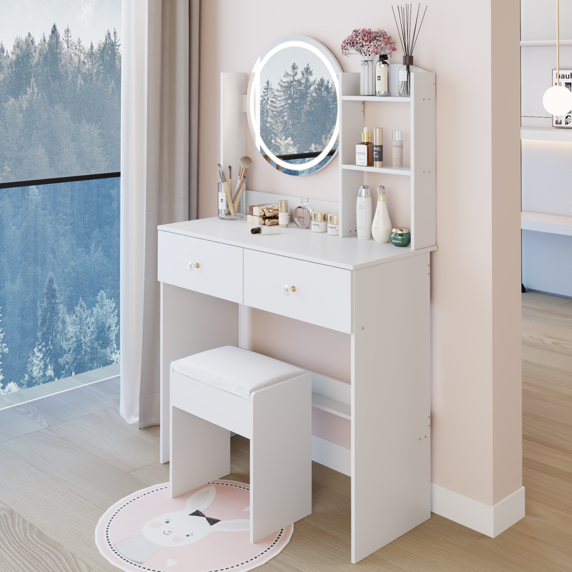 17" Round LED Mirror Vanity Table + Soft Cushion Stool Suit, Large Mirror, Touch Switch, 3 colors, Adjustable Brightness, Large Desktop, Multi-layer High Capacity Storage, Suitable For Small Space