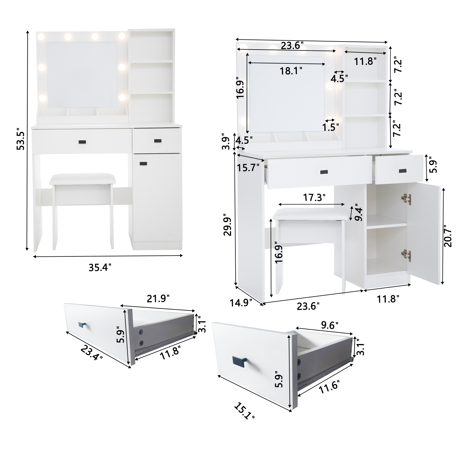 Vanity Desk with Lights, Vanity Set with Mirror, Makeup Vanity Desk with Large Drawers & Three Level Storage Dreeser, Vanitys/Vanities with 3 Lights Brightness Adjustable for Bedroom, White