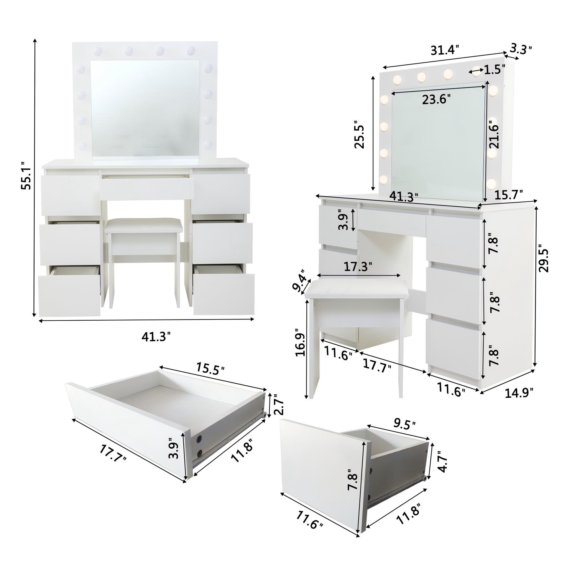 Large White Vanity Tables with Mirror and Light