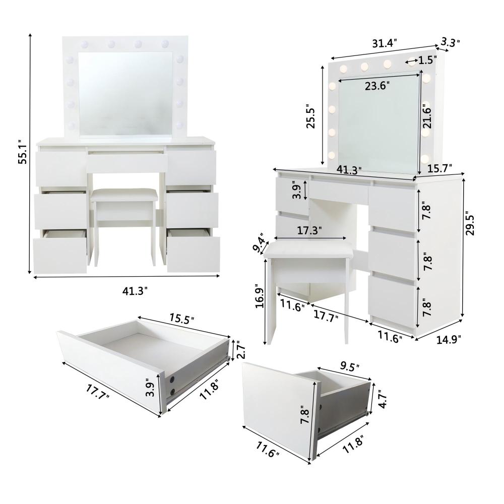 Large White Vanity Tables with Mirror and Light