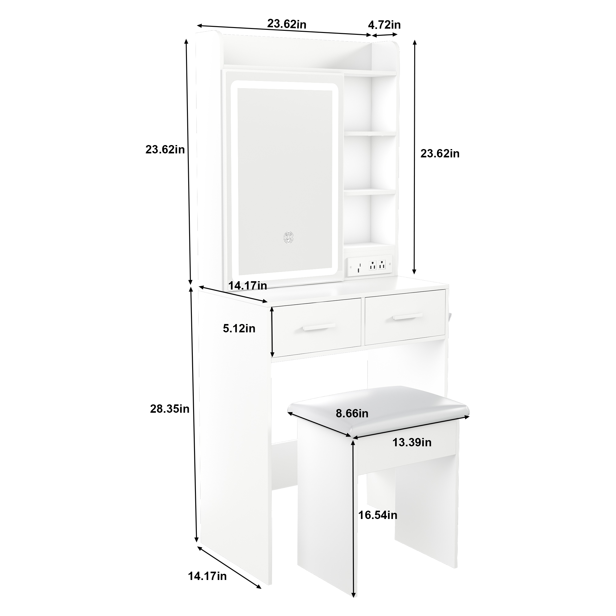 Small Makeup Vanity Desk with Mirror & Adjustable LED Lights,Built-in Power Outlet & Hidden Storage, Includes padded stool & Shelf,Space-Saving Dressing Table for Small Bedrooms,White