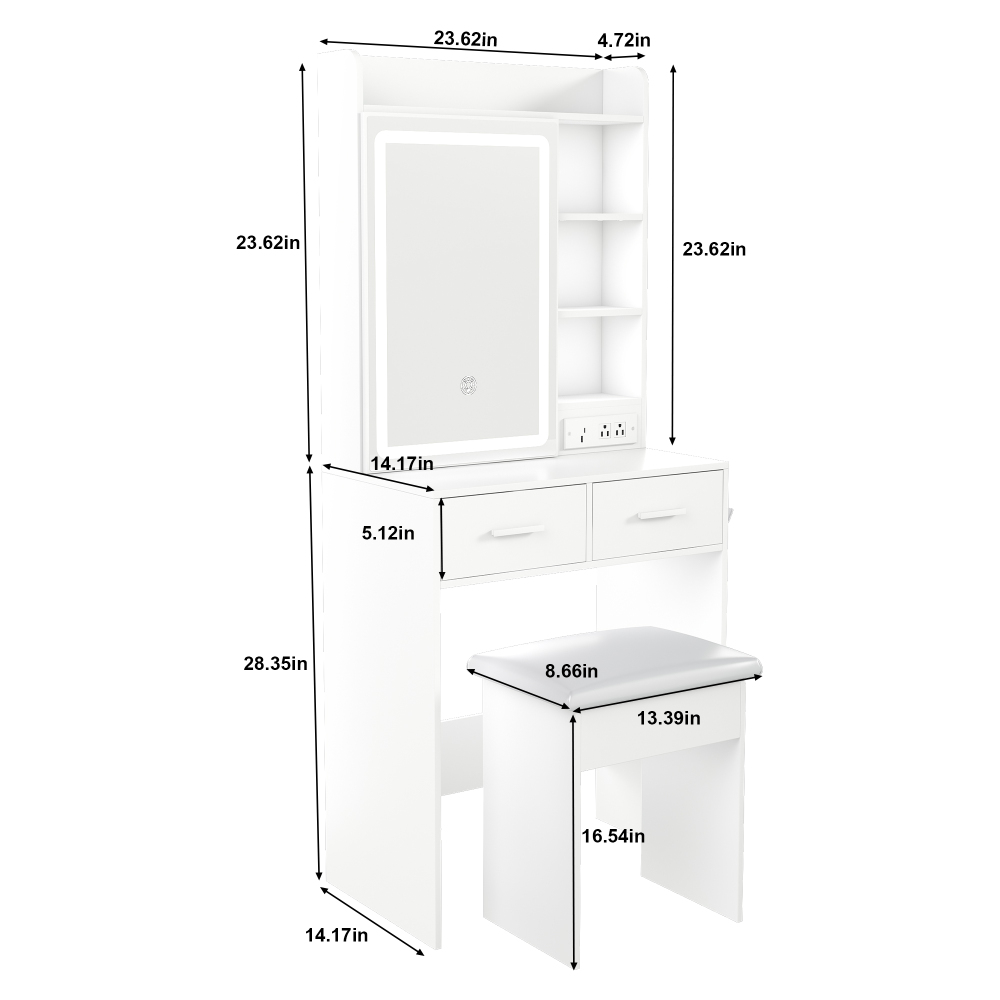 Small Makeup Vanity Desk with Mirror & Adjustable LED Lights,Built-in Power Outlet & Hidden Storage, Includes padded stool & Shelf,Space-Saving Dressing Table for Small Bedrooms,White