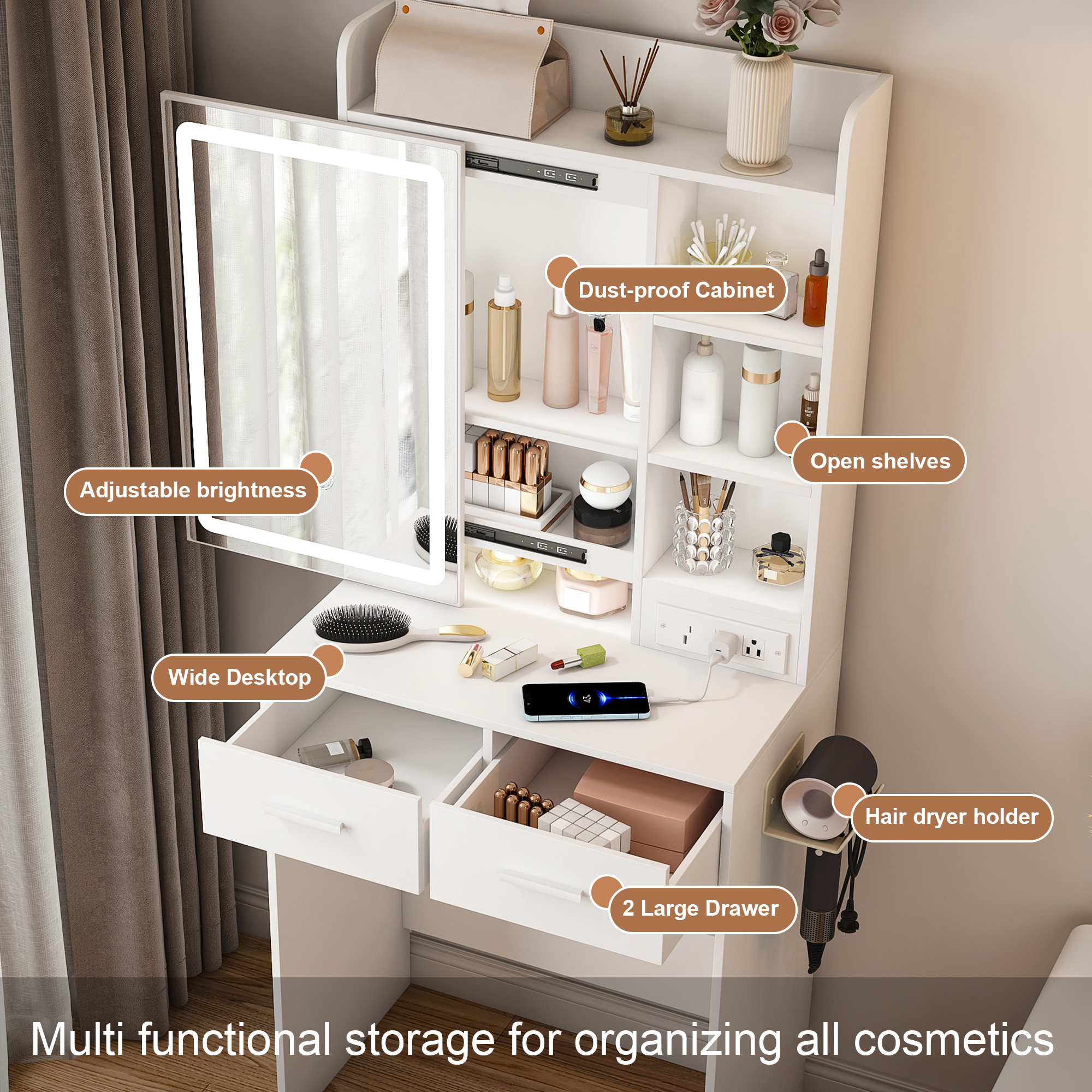 Small Makeup Vanity Desk with Mirror & Adjustable LED Lights,Built-in Power Outlet & Hidden Storage, Includes padded stool & Shelf,Space-Saving Dressing Table for Small Bedrooms,White