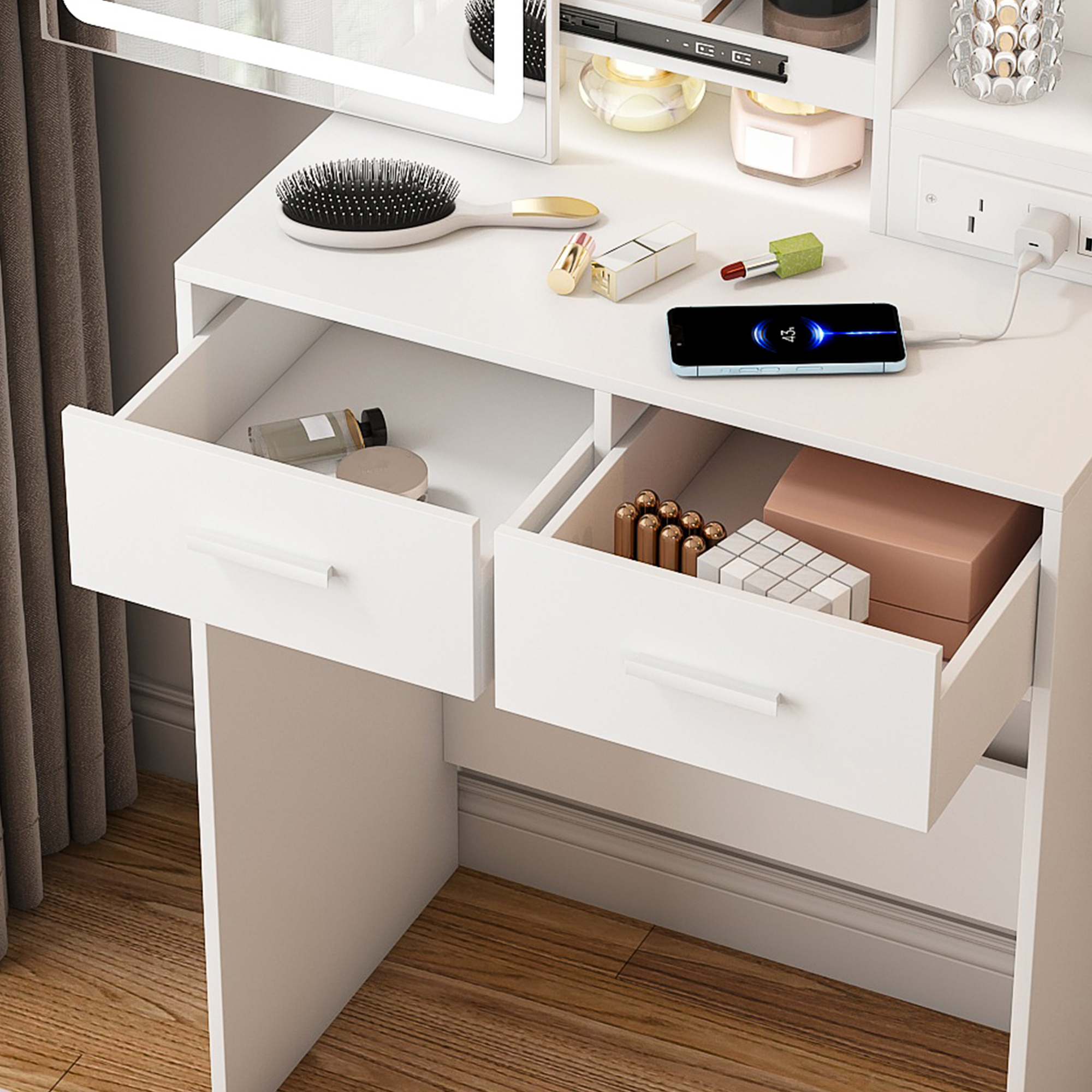 Small Makeup Vanity Desk with Mirror & Adjustable LED Lights,Built-in Power Outlet & Hidden Storage, Includes padded stool & Shelf,Space-Saving Dressing Table for Small Bedrooms,White