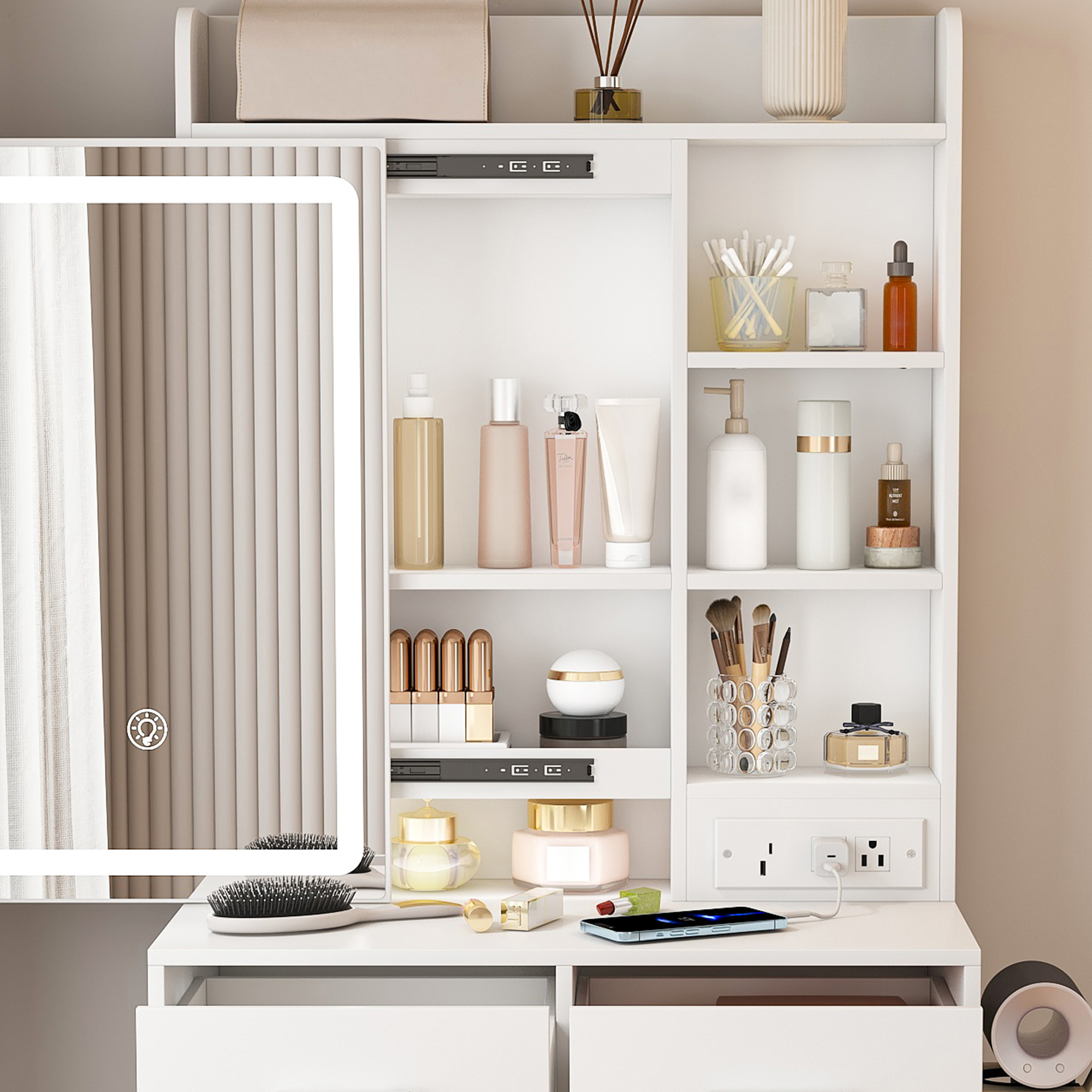 Small Makeup Vanity Desk with Mirror & Adjustable LED Lights,Built-in Power Outlet & Hidden Storage, Includes padded stool & Shelf,Space-Saving Dressing Table for Small Bedrooms,White